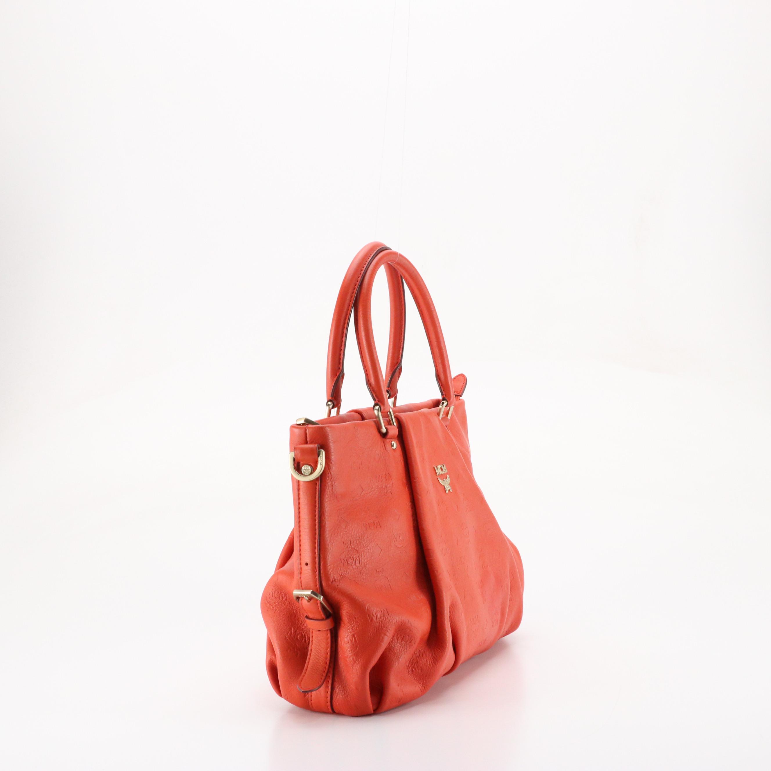 MCM Pleated Two-Way Satchel Bag in Vermilion Logo Embossed Leather