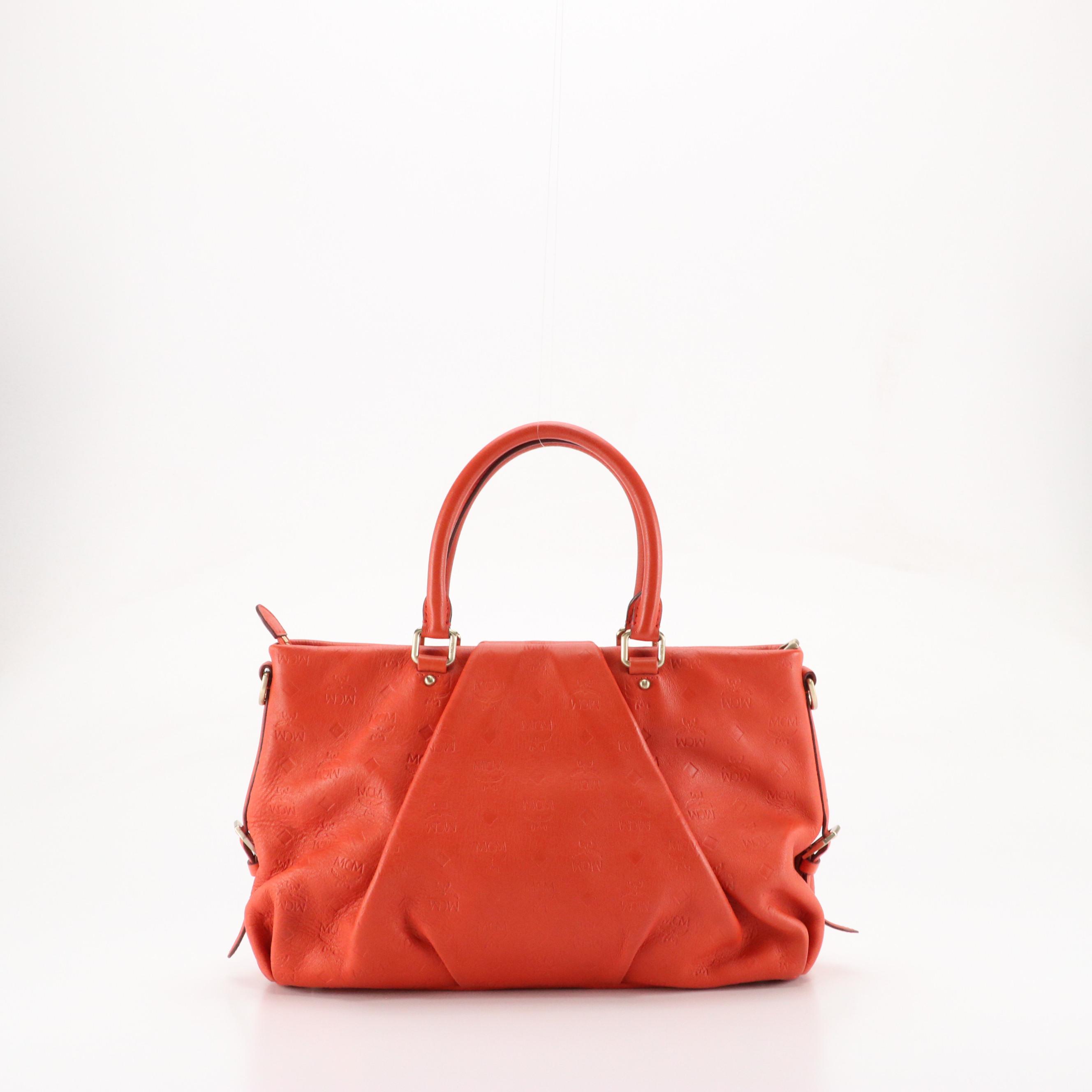 MCM Pleated Two-Way Satchel Bag in Vermilion Logo Embossed Leather