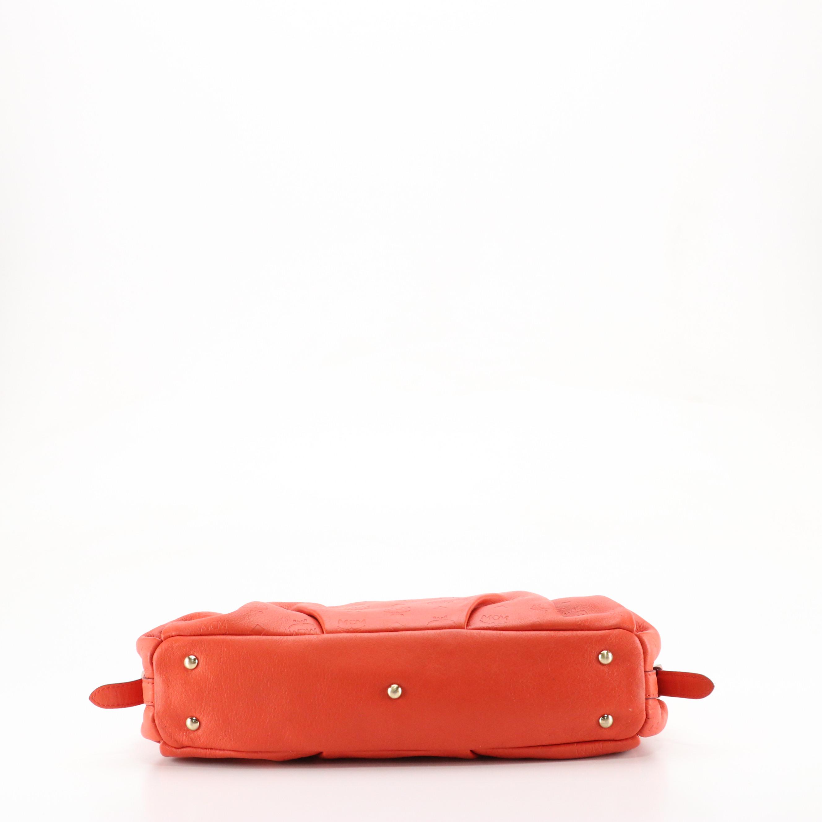 MCM Pleated Two-Way Satchel Bag in Vermilion Logo Embossed Leather