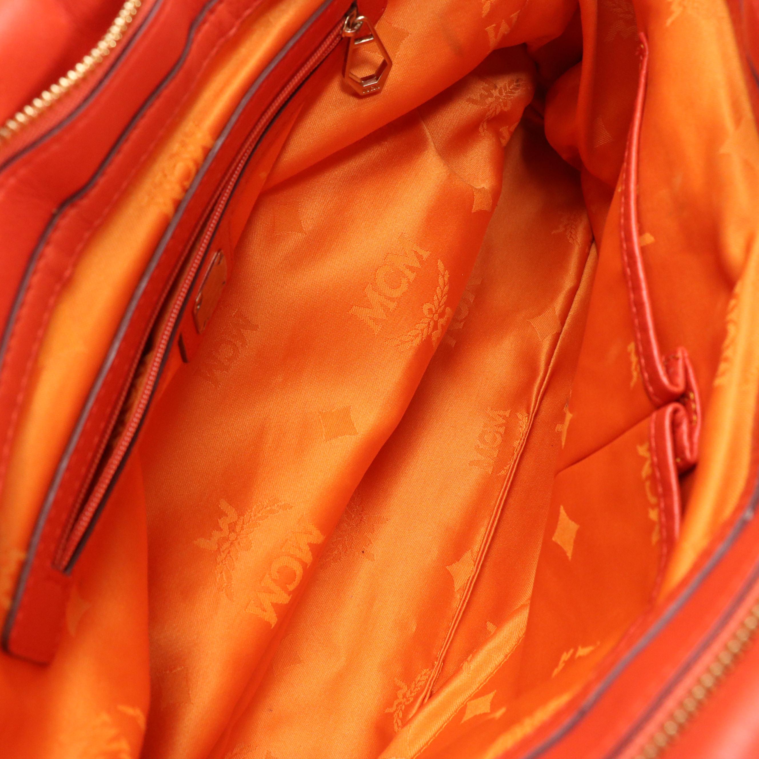 MCM Pleated Two-Way Satchel Bag in Vermilion Logo Embossed Leather