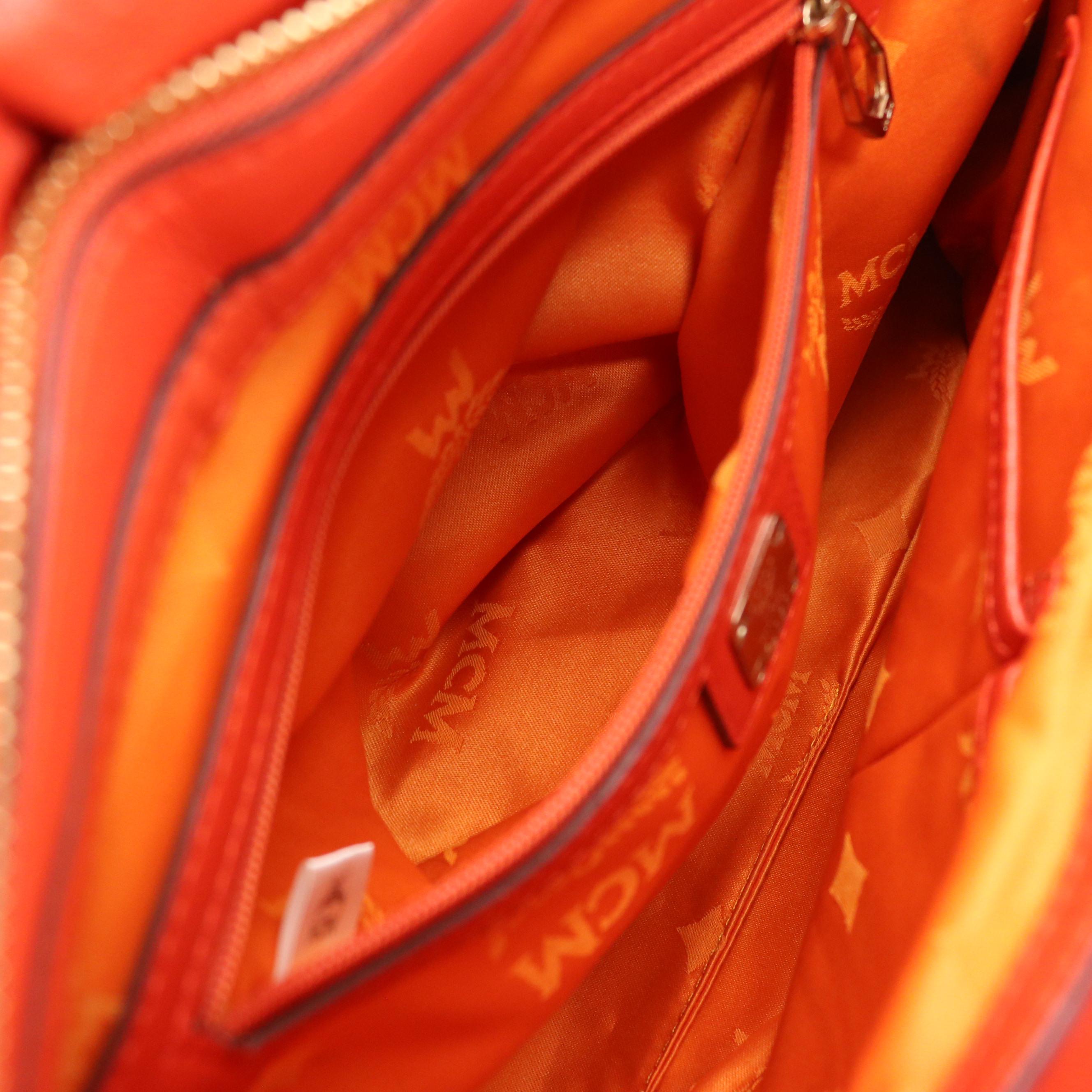 MCM Pleated Two-Way Satchel Bag in Vermilion Logo Embossed Leather