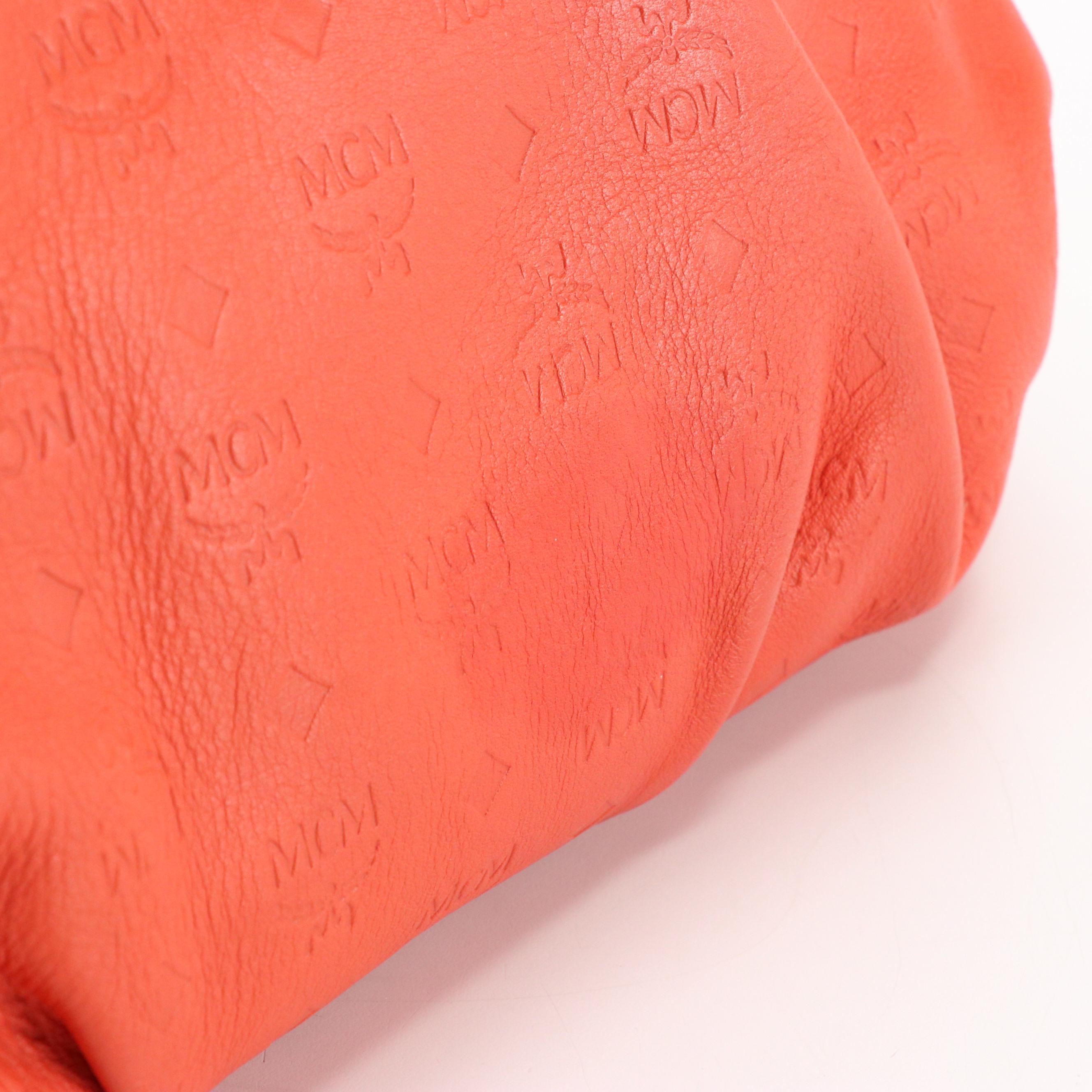 MCM Pleated Two-Way Satchel Bag in Vermilion Logo Embossed Leather