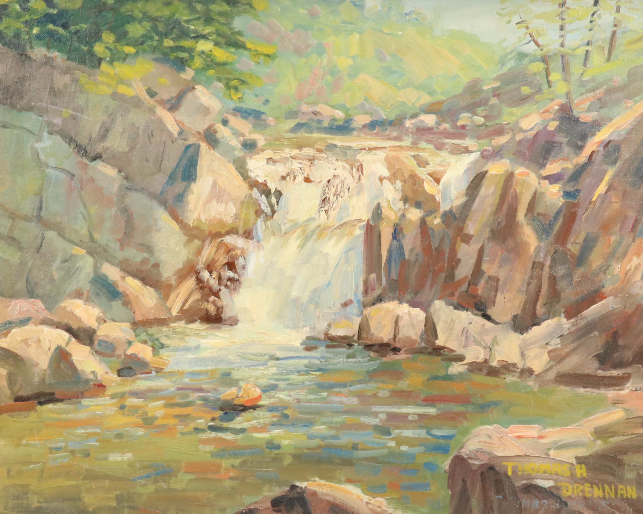 Thomas H. Drennan Landscape Oil on Board of Waterfall, Early to Mid-20th C.