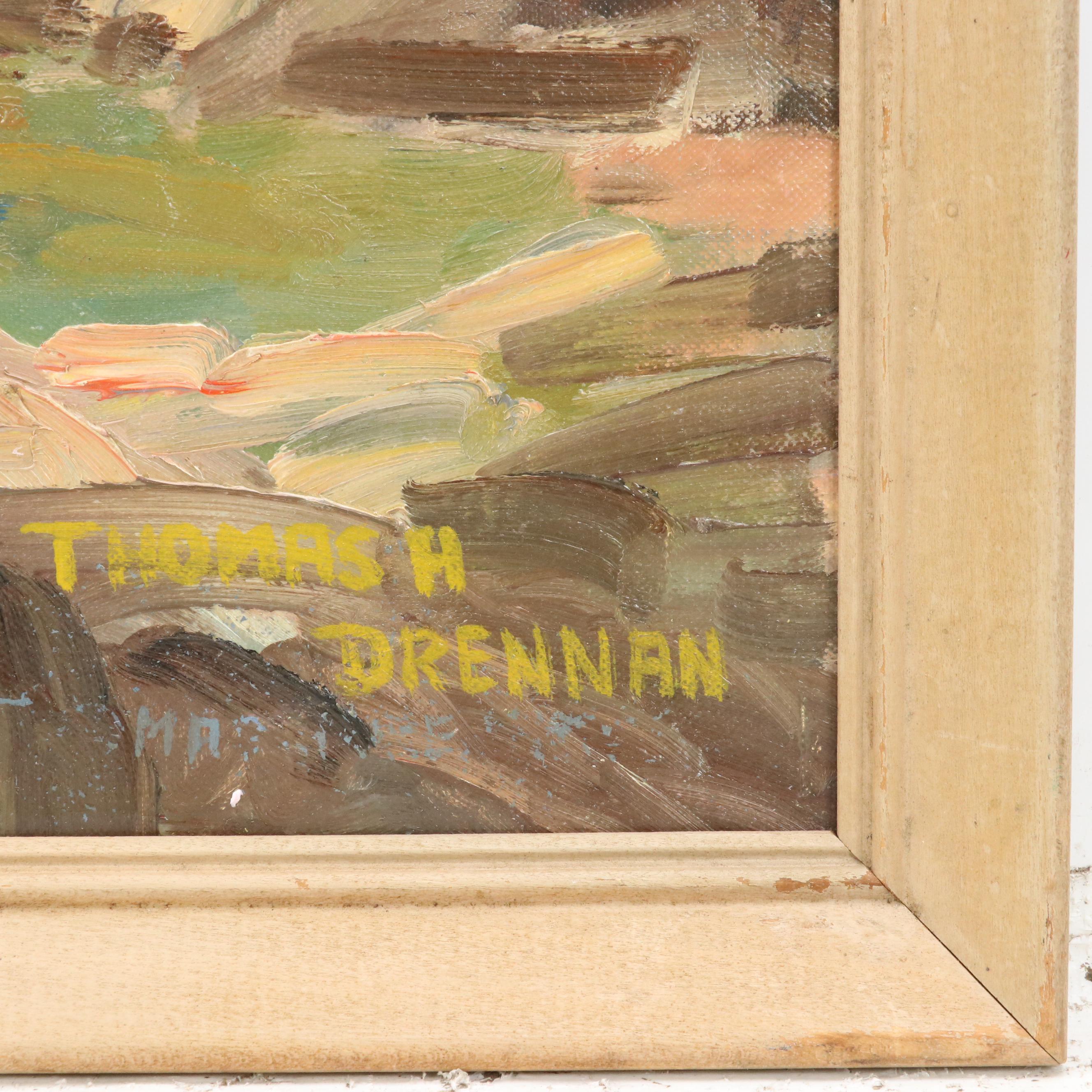 Thomas H. Drennan Landscape Oil on Board of Waterfall, Early to Mid-20th C.