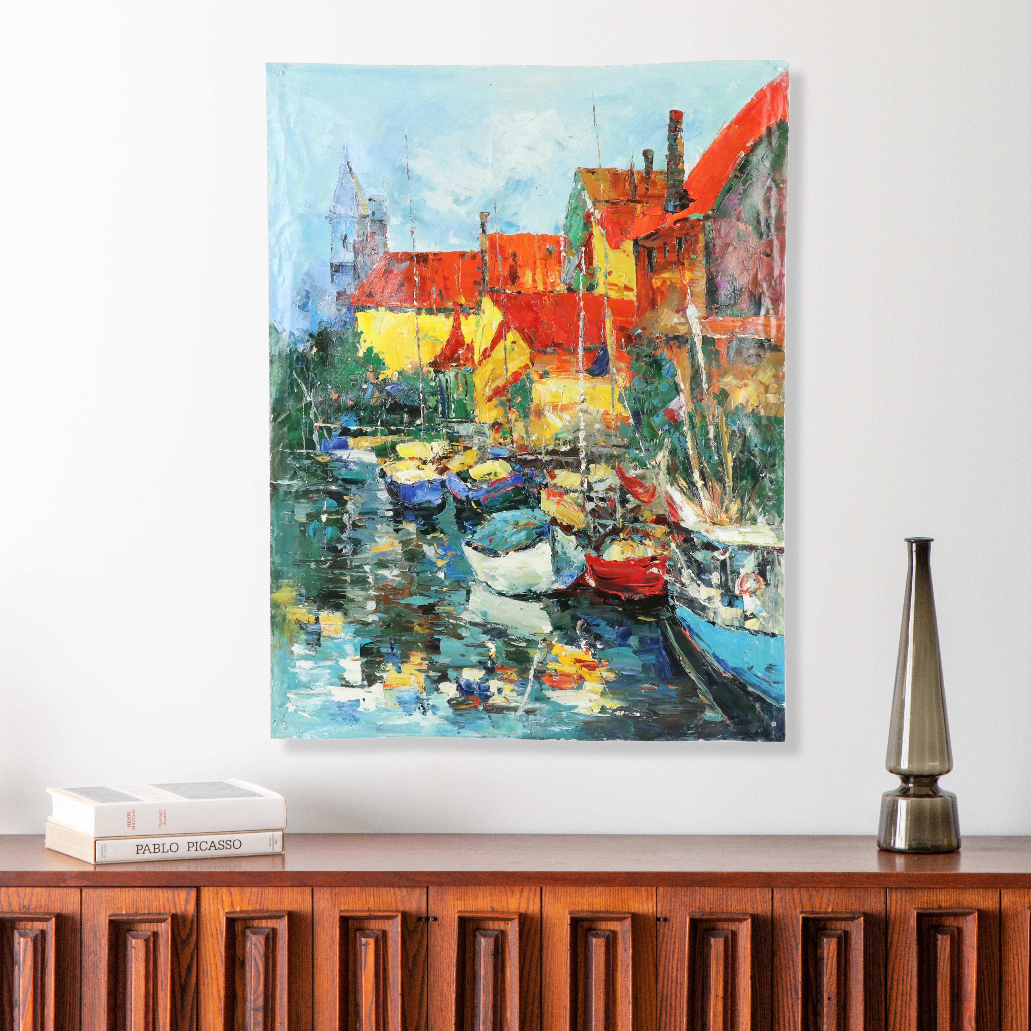 Ping Impressionist Style Impasto Oil Painting of Harbor Scene, 21st Century