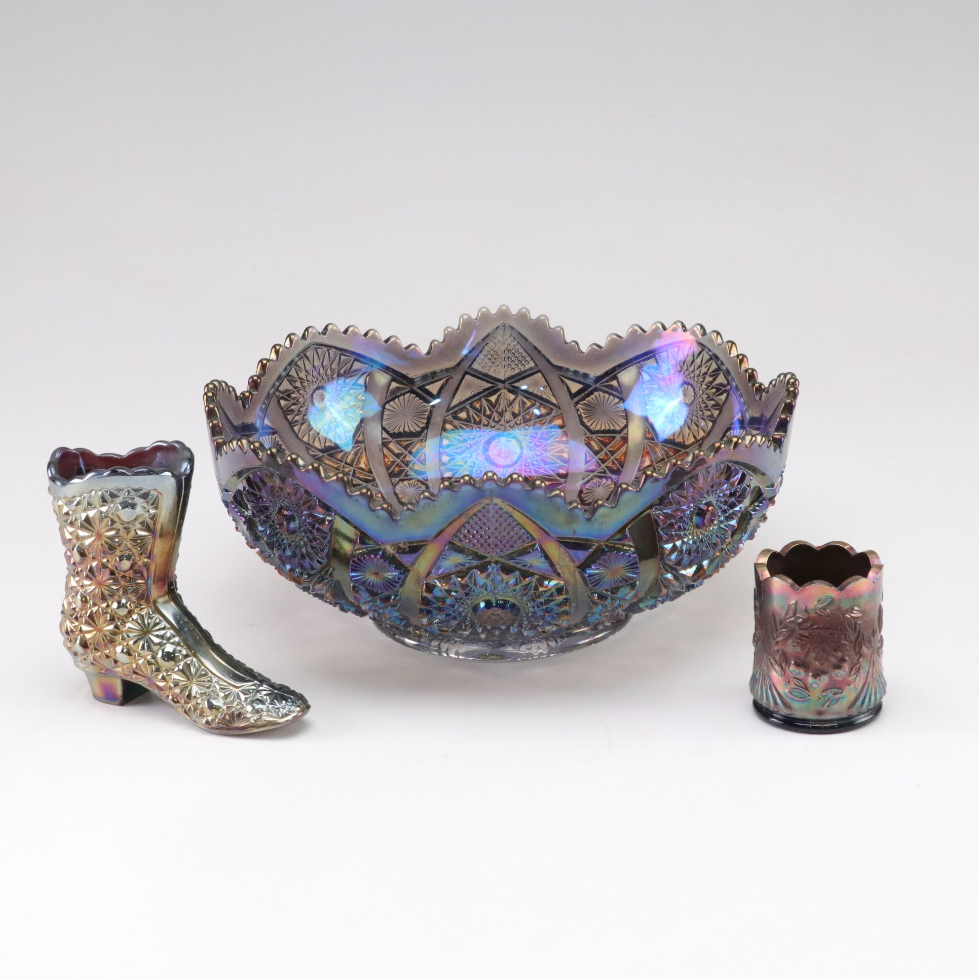 Imperial "Amethyst Smoke" Carnival Glass Bowl, Fenton Boot & Toothpick Holder