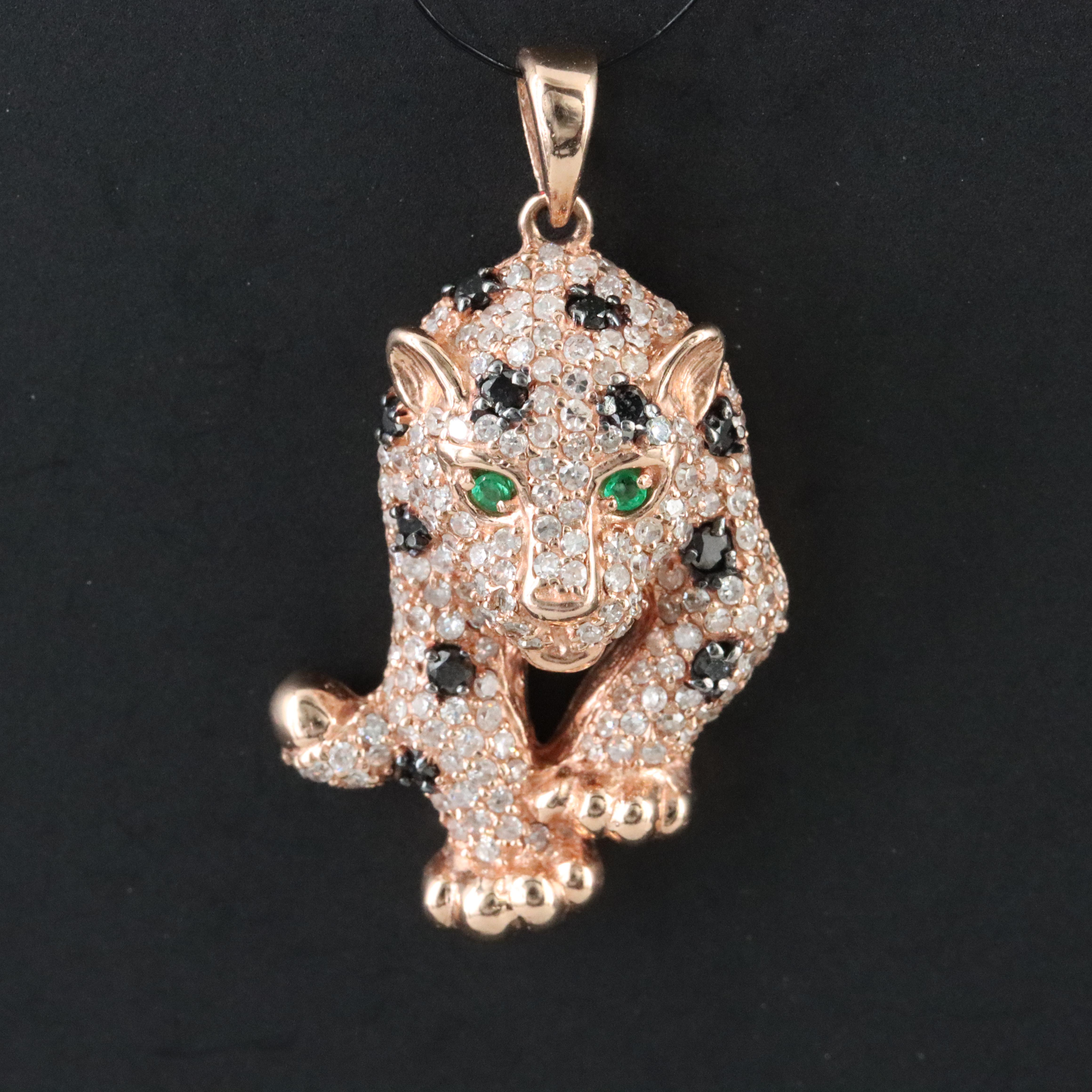 14K Rose Gold 0.75 CTW Diamond and Emerald Panther Pendant Featuring Fancy Black