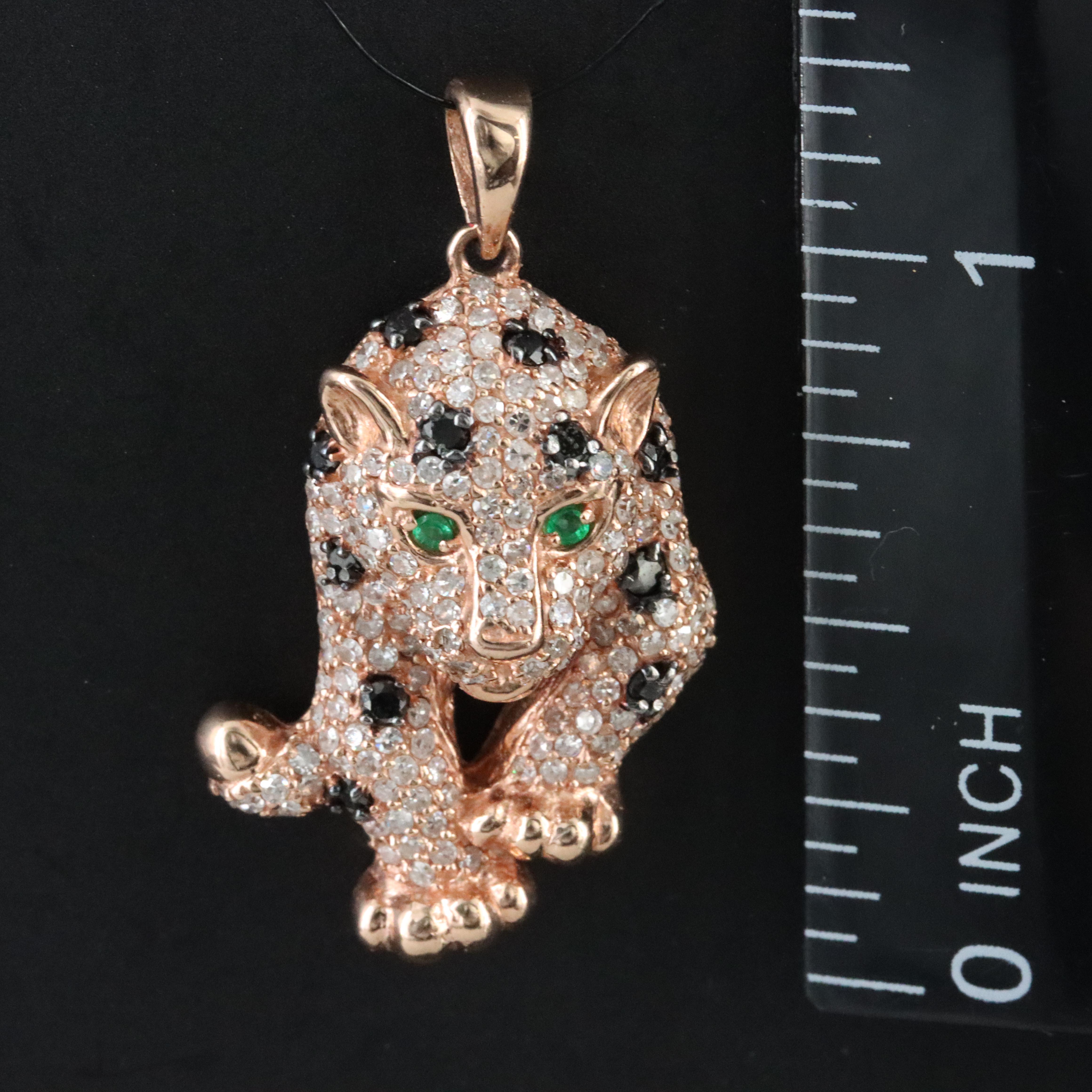 14K Rose Gold 0.75 CTW Diamond and Emerald Panther Pendant Featuring Fancy Black