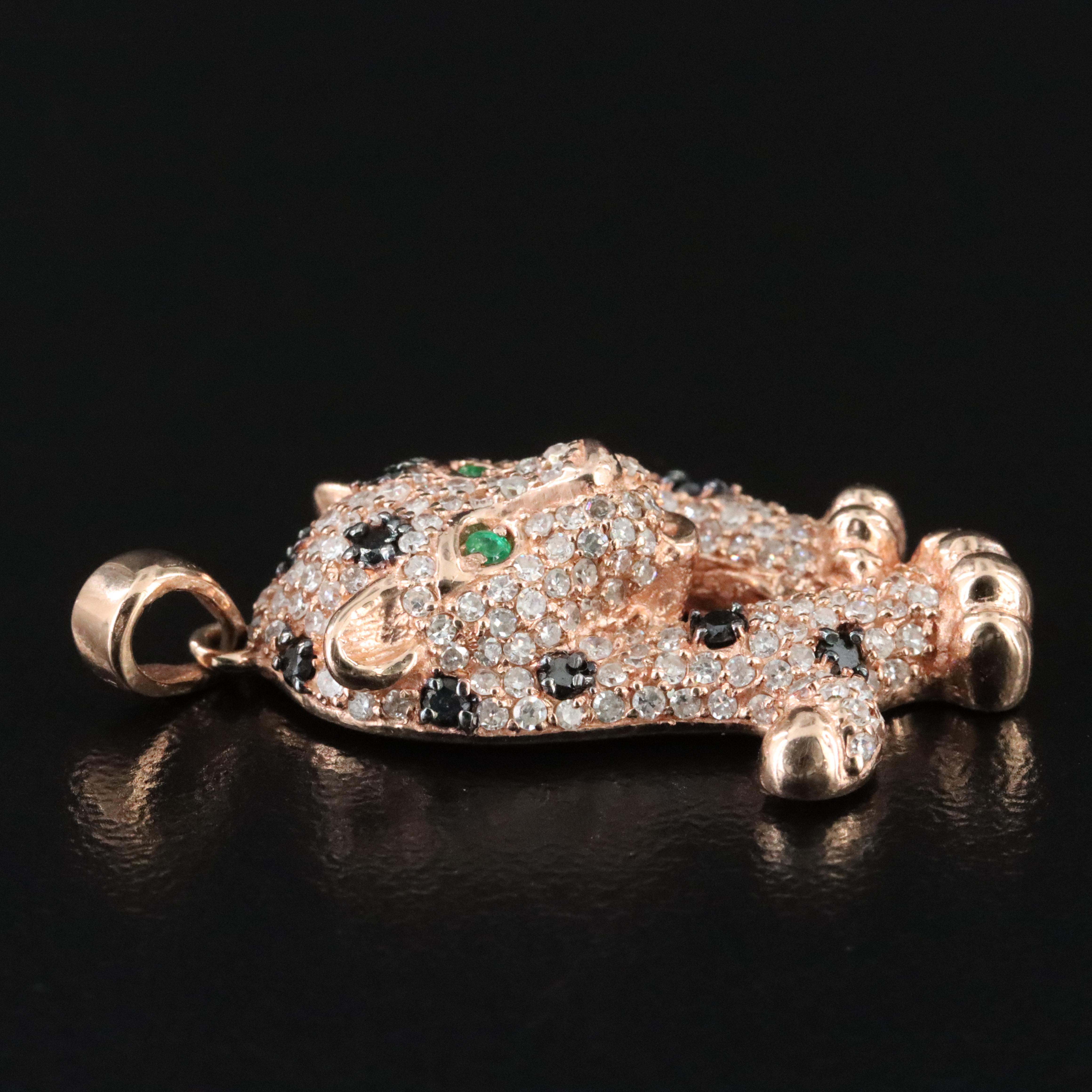 14K Rose Gold 0.75 CTW Diamond and Emerald Panther Pendant Featuring Fancy Black