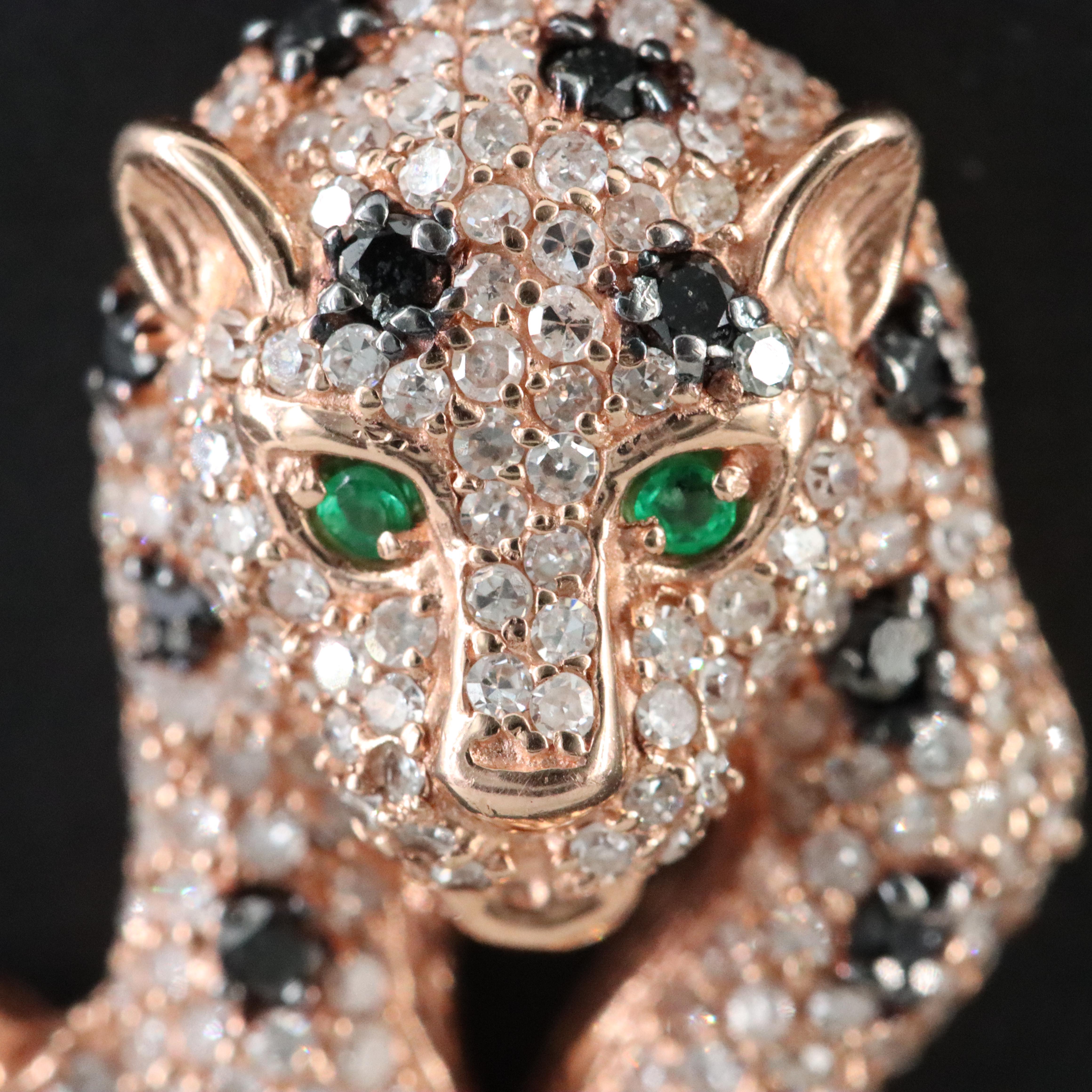 14K Rose Gold 0.75 CTW Diamond and Emerald Panther Pendant Featuring Fancy Black