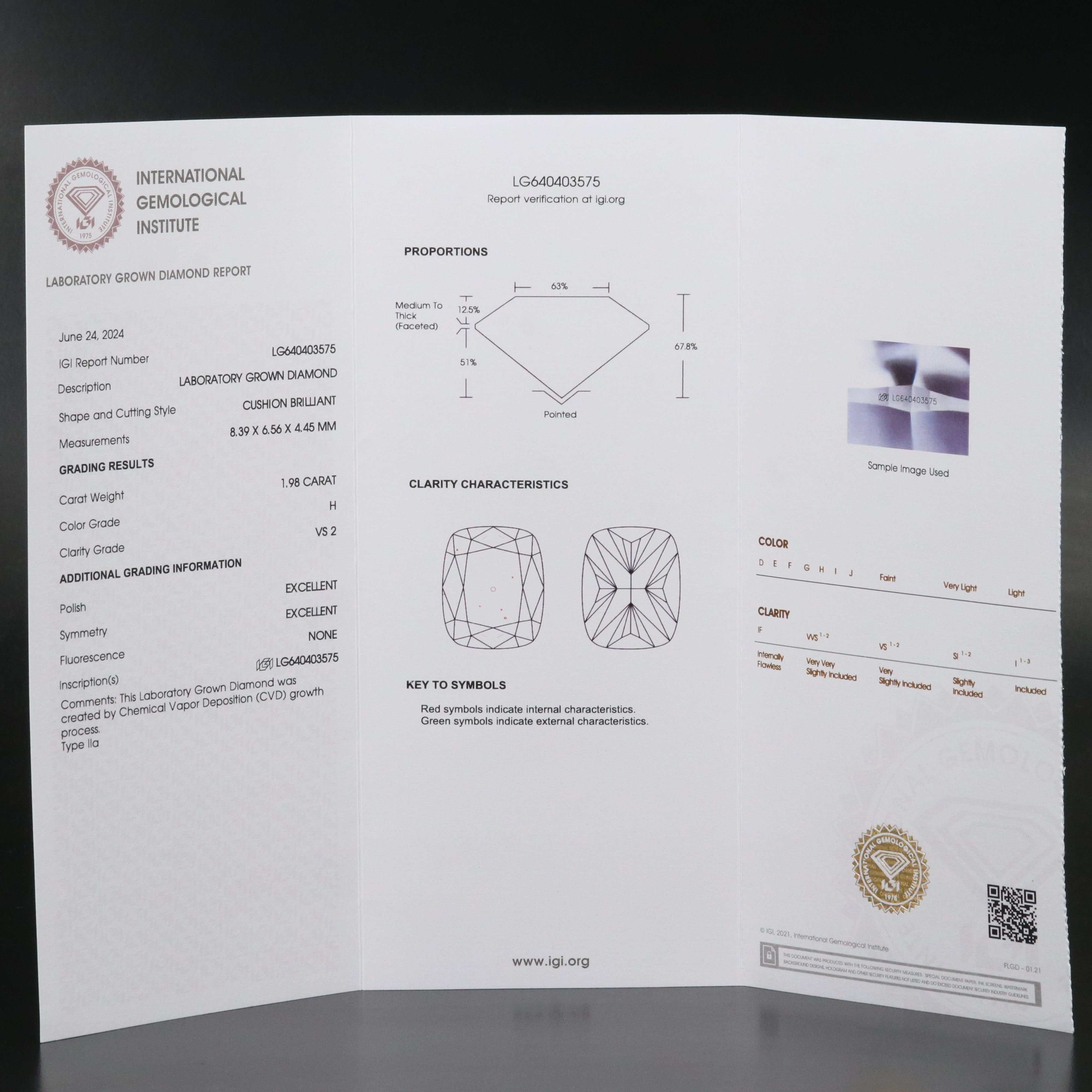 Loose 1.98 CT Lab Grown Diamond with IGI Report