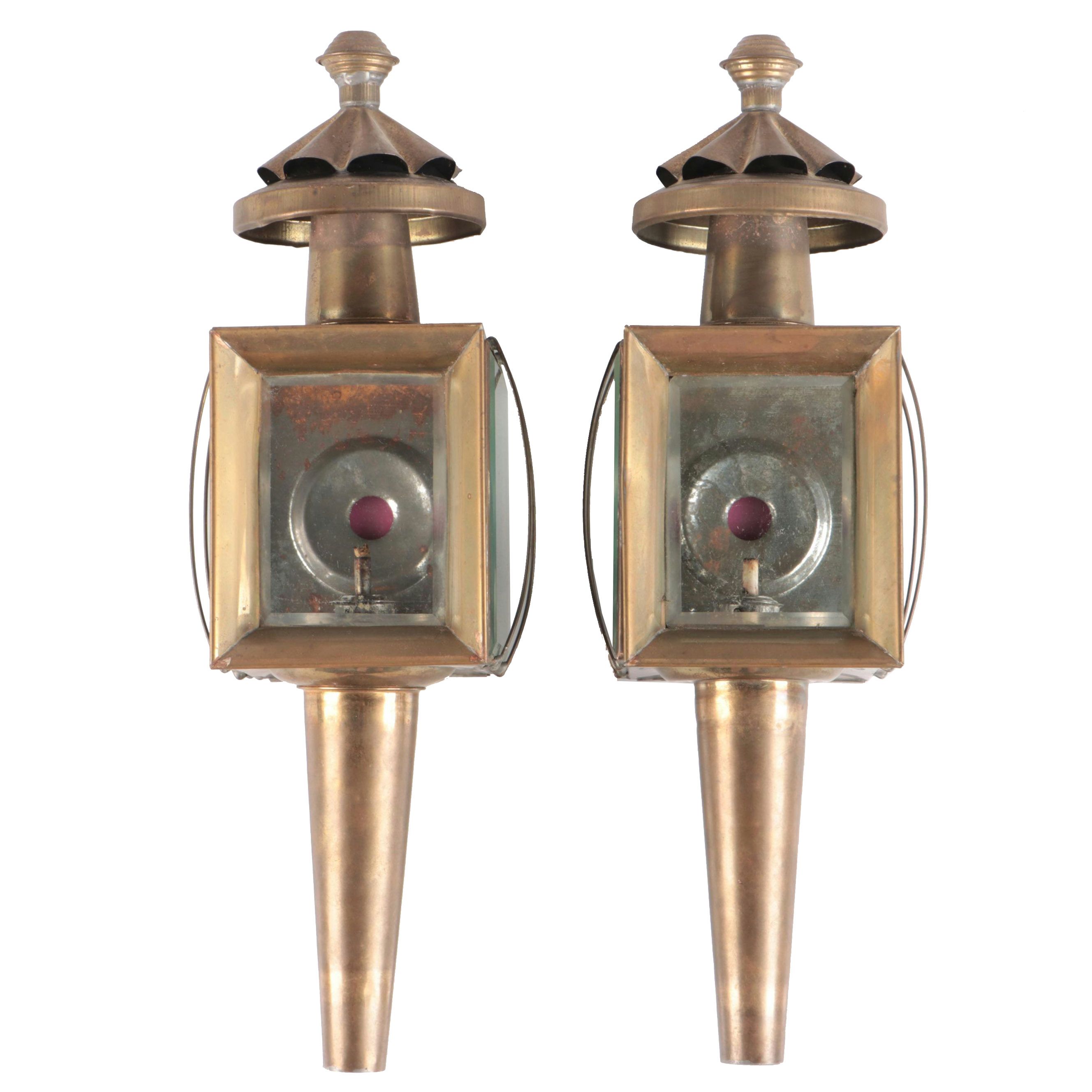Pair of Victorian Style Brass Oil Carriage Lamps, 20th Century