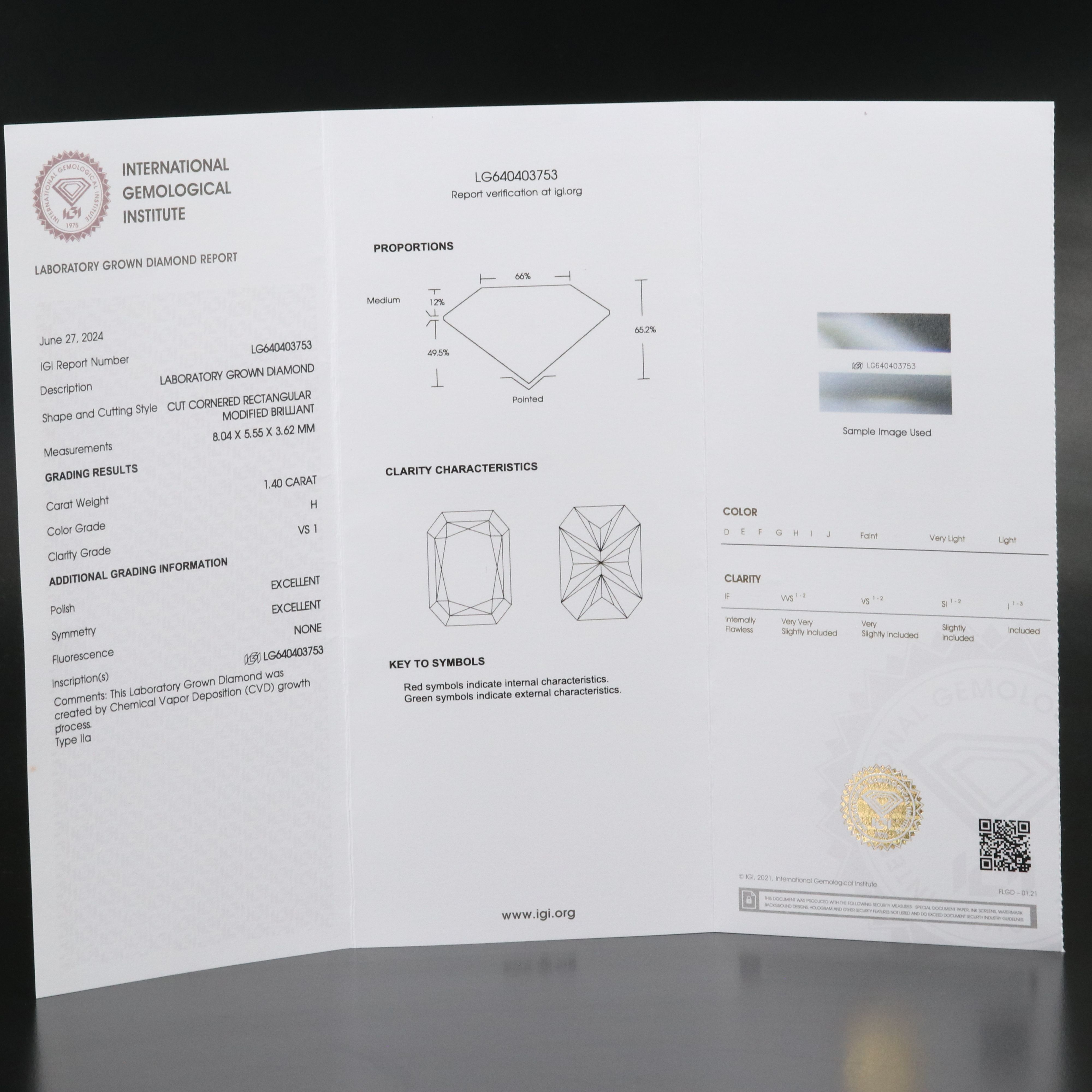 Loose 1.40 CT Lab Grown Diamond with IGI Report