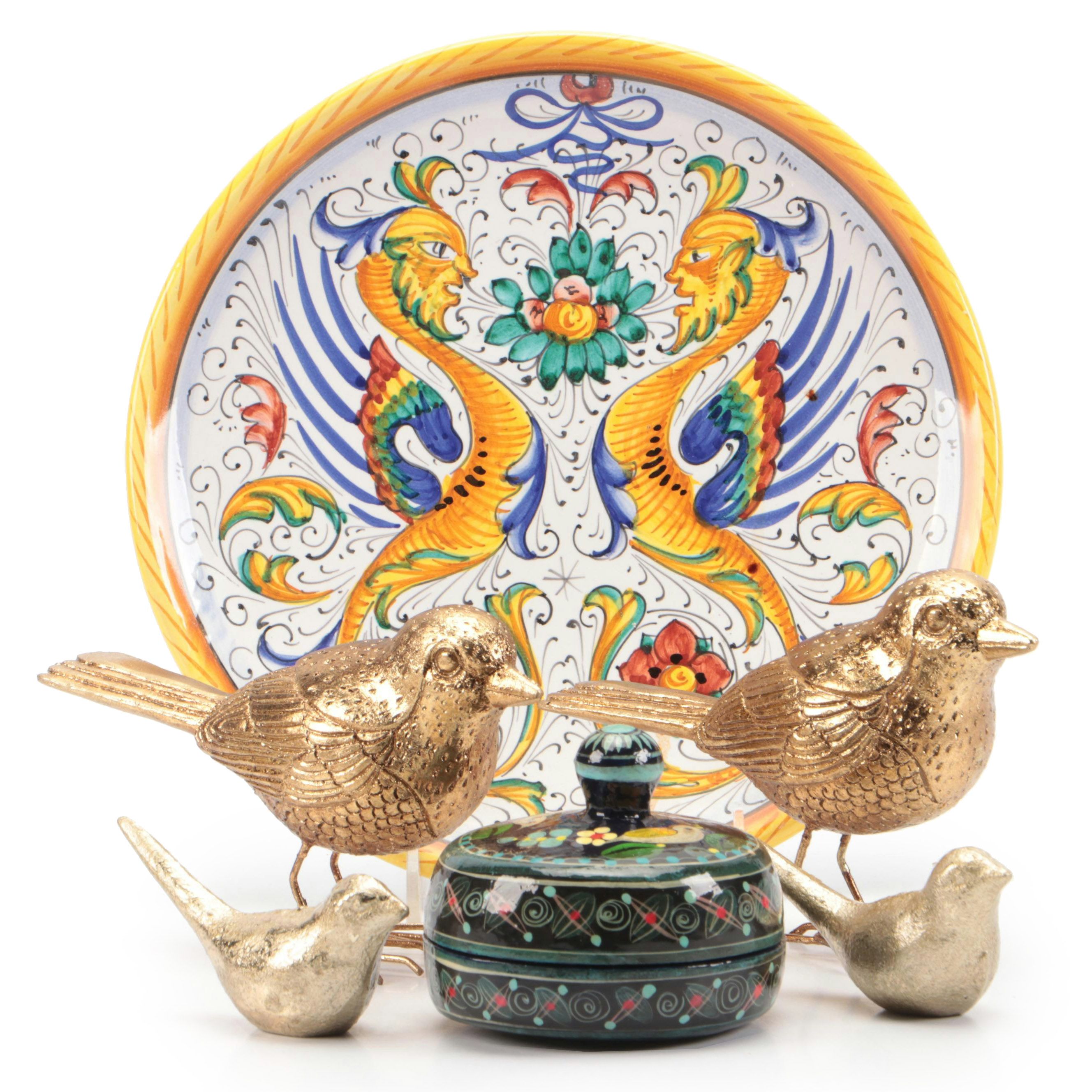 Majolica Wall Plate, Decorative Wood Box, and Gilt Bird Figurines