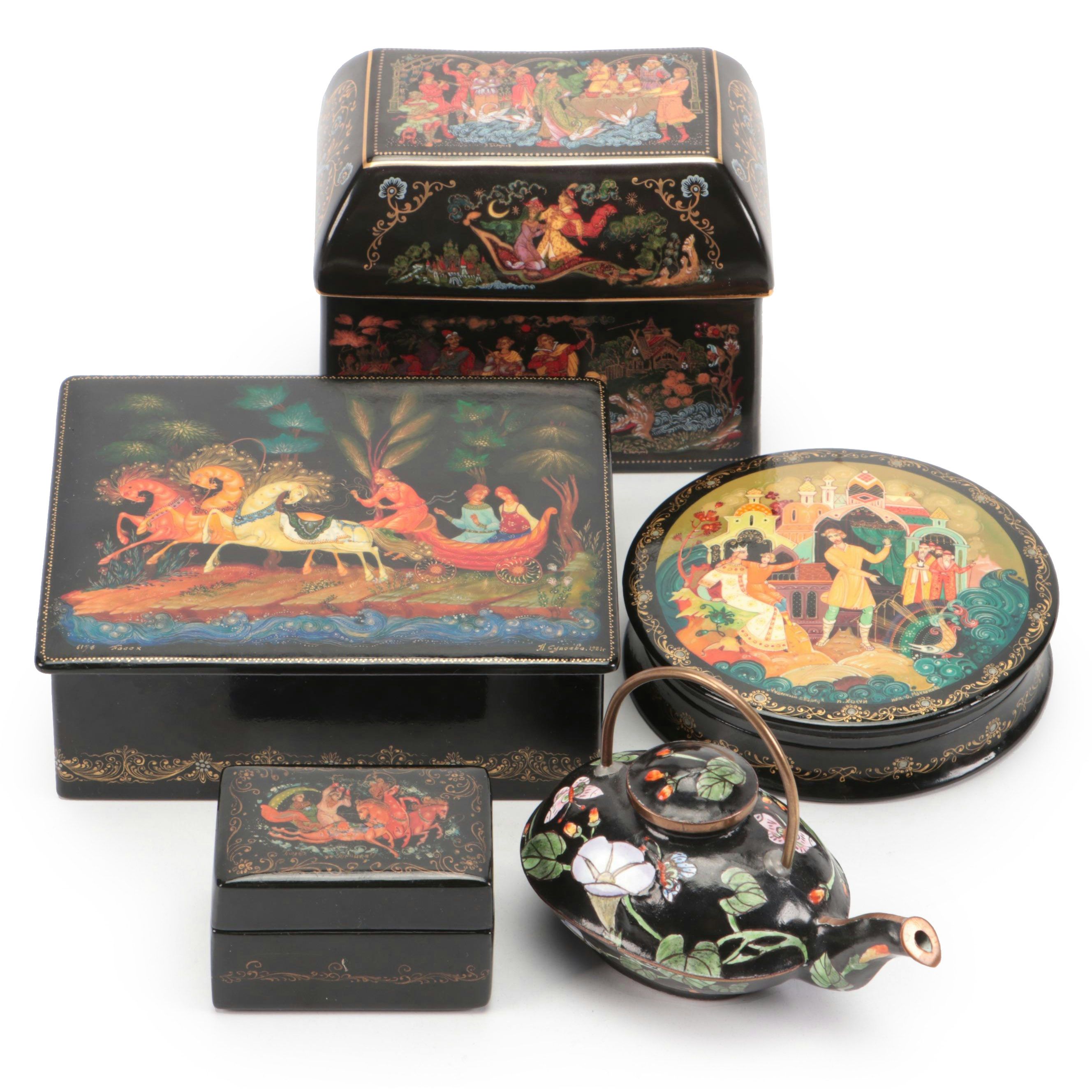 Russian "Princess and The Frog" Porcelain and Other Boxes with Enamel Teapot