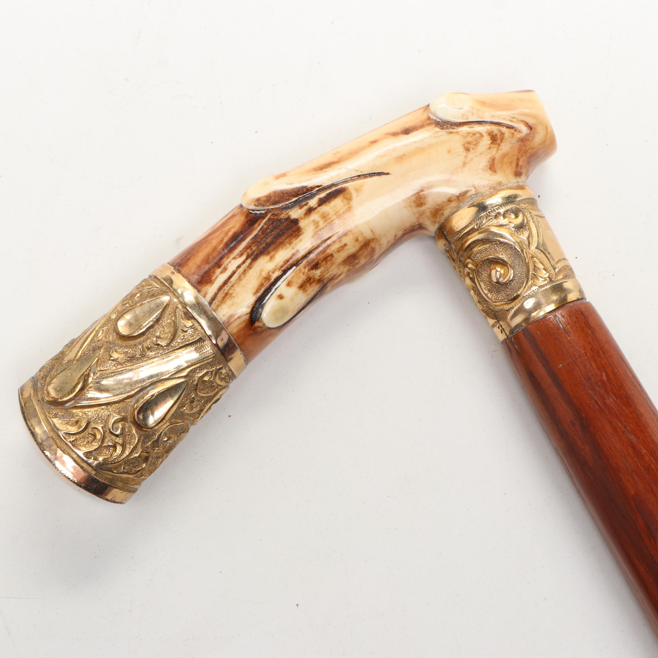 Polished Bone and Metal Derby Handled Wood Cane