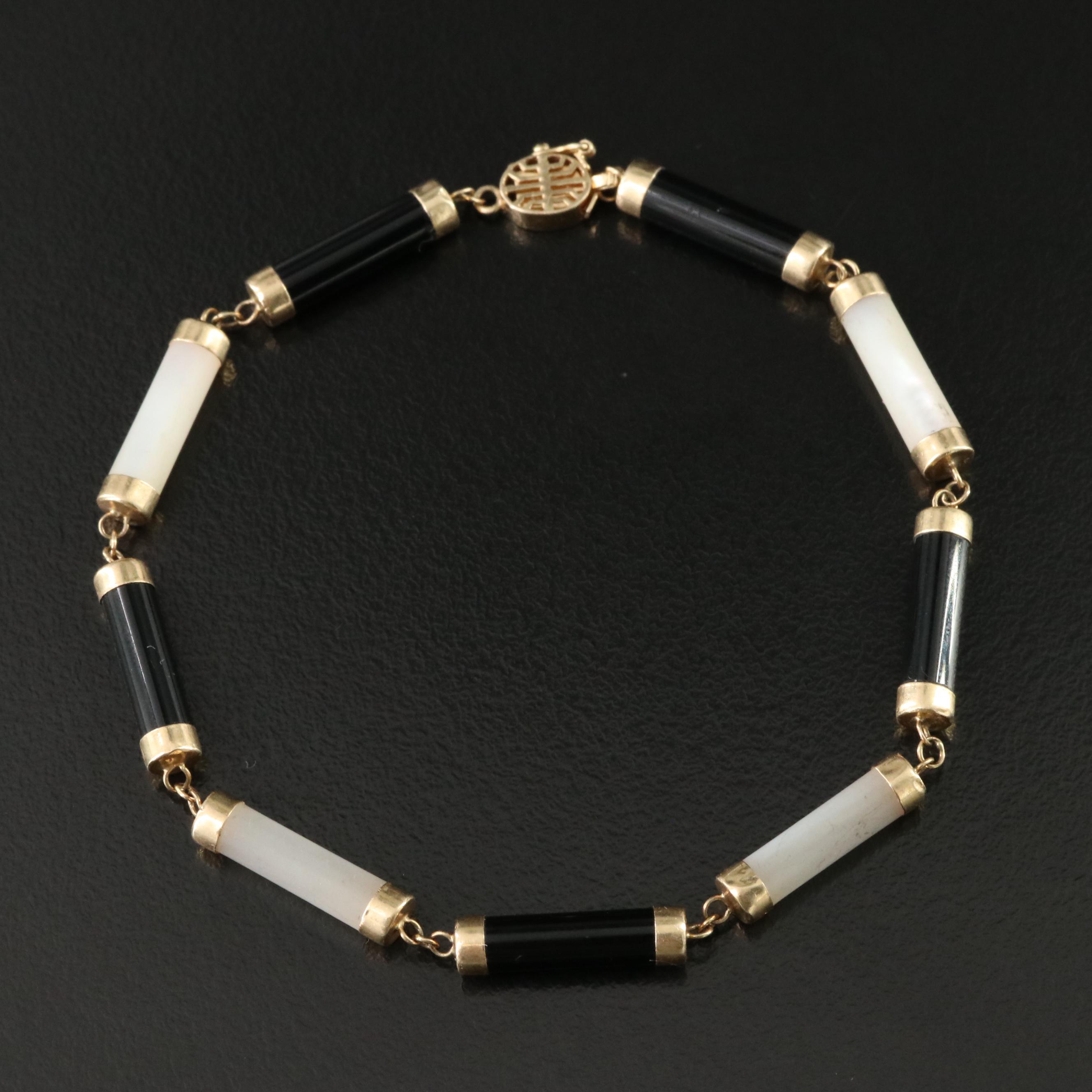 14K Mother of Pearl and Black Onyx Bracelet with Chinese "Longevity" Clasp