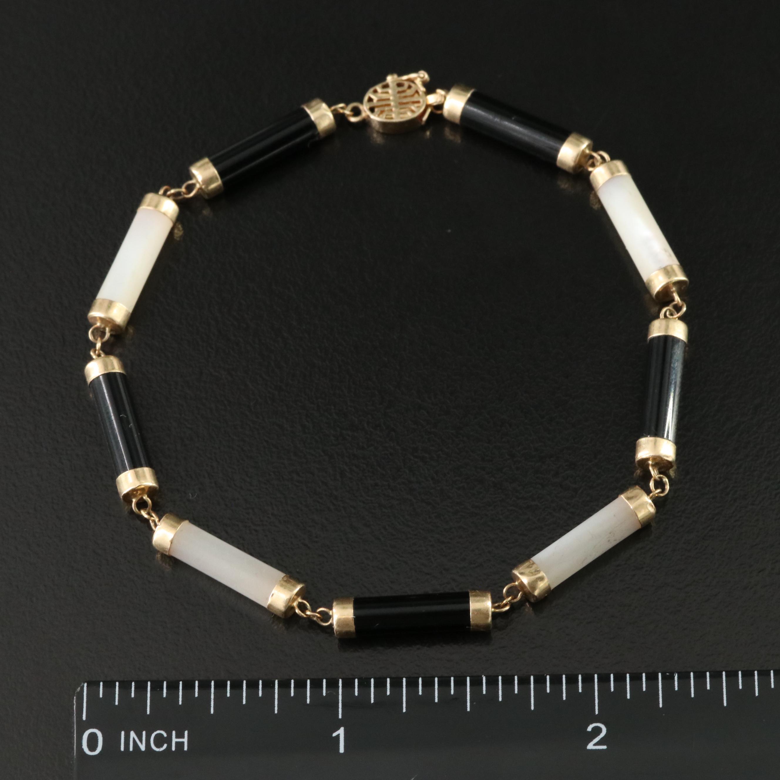 14K Mother of Pearl and Black Onyx Bracelet with Chinese "Longevity" Clasp