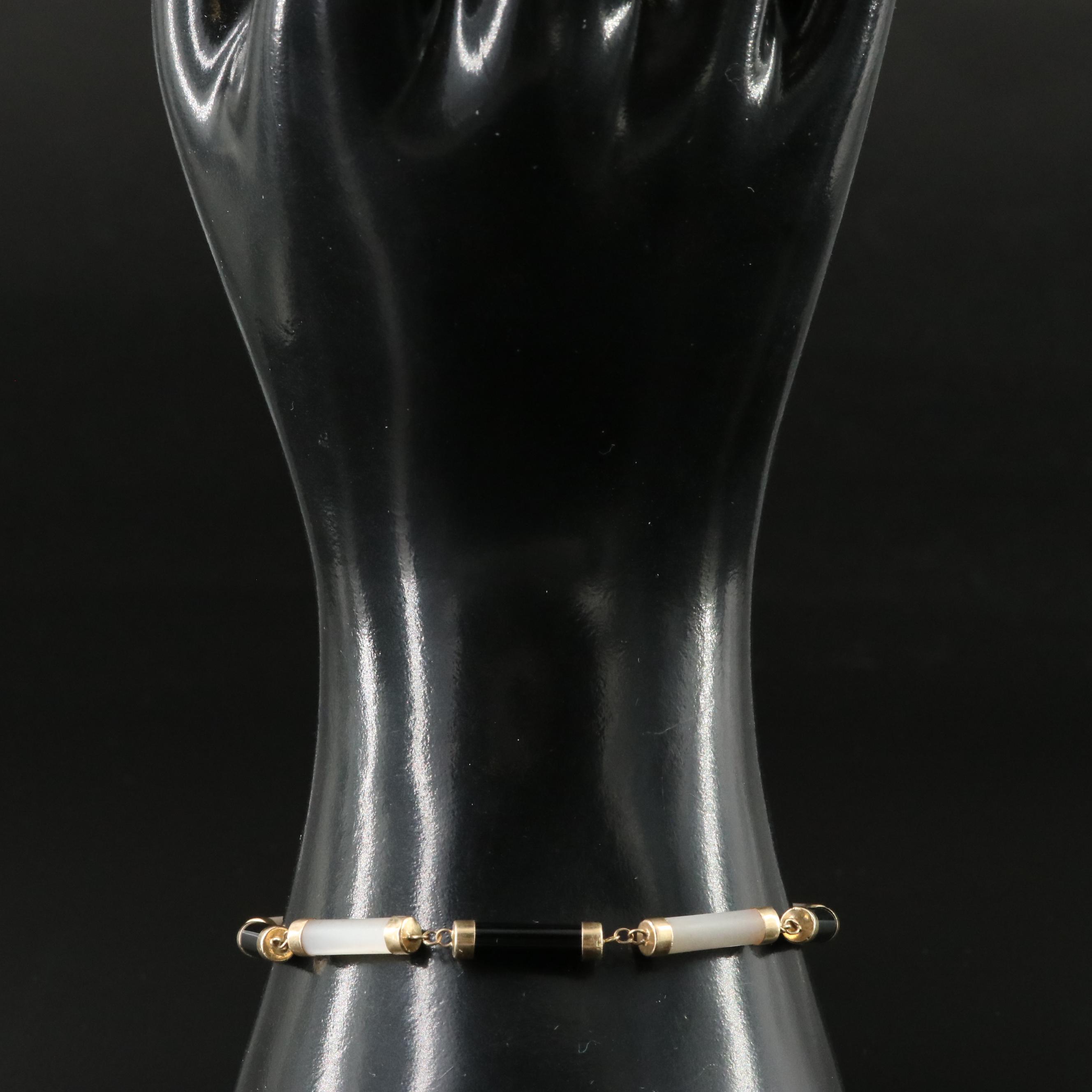14K Mother of Pearl and Black Onyx Bracelet with Chinese "Longevity" Clasp