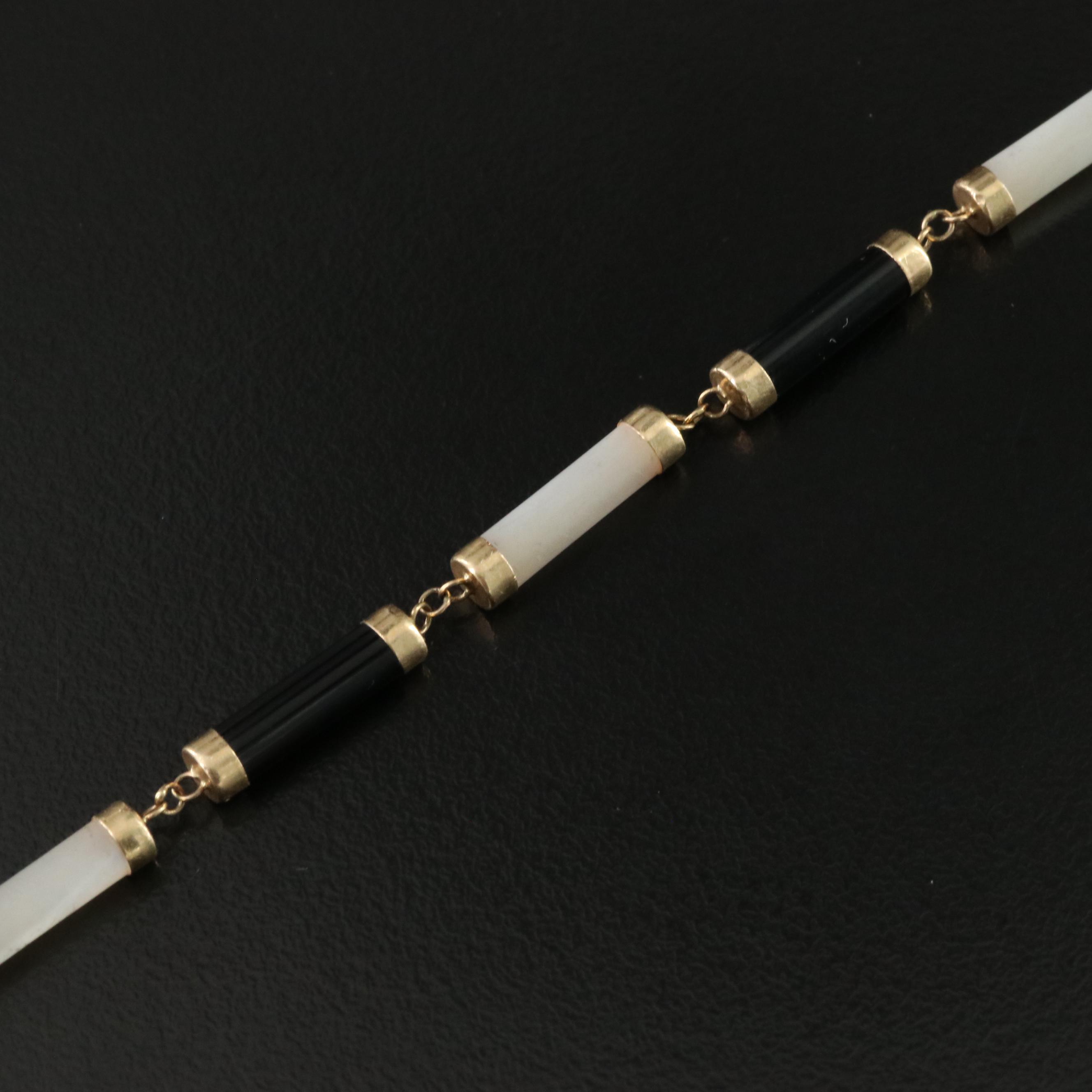 14K Mother of Pearl and Black Onyx Bracelet with Chinese "Longevity" Clasp