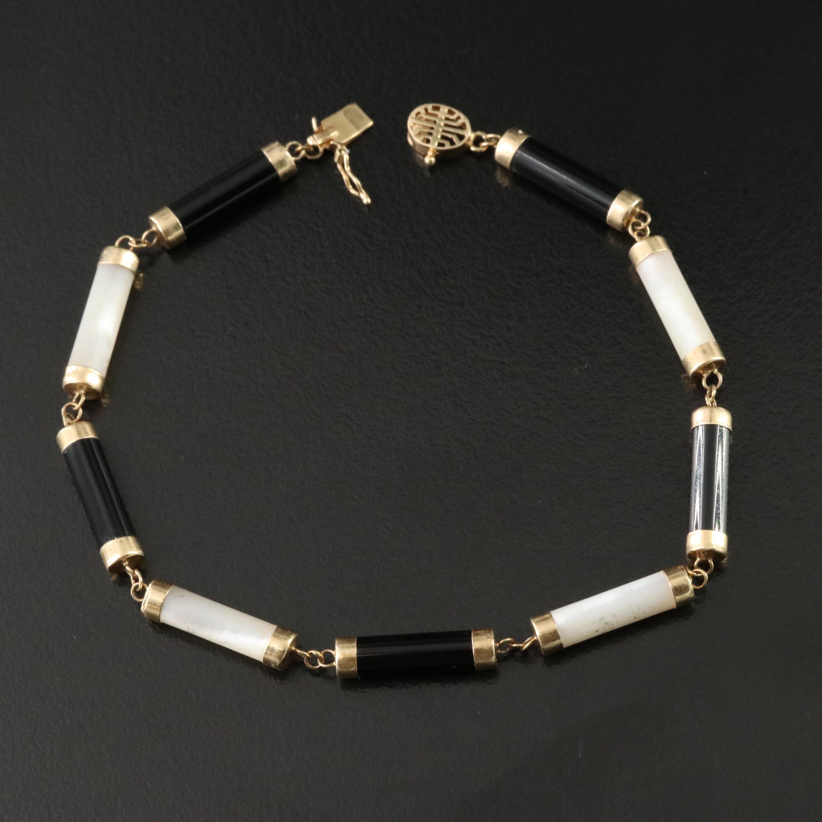 14K Mother of Pearl and Black Onyx Bracelet with Chinese "Longevity" Clasp