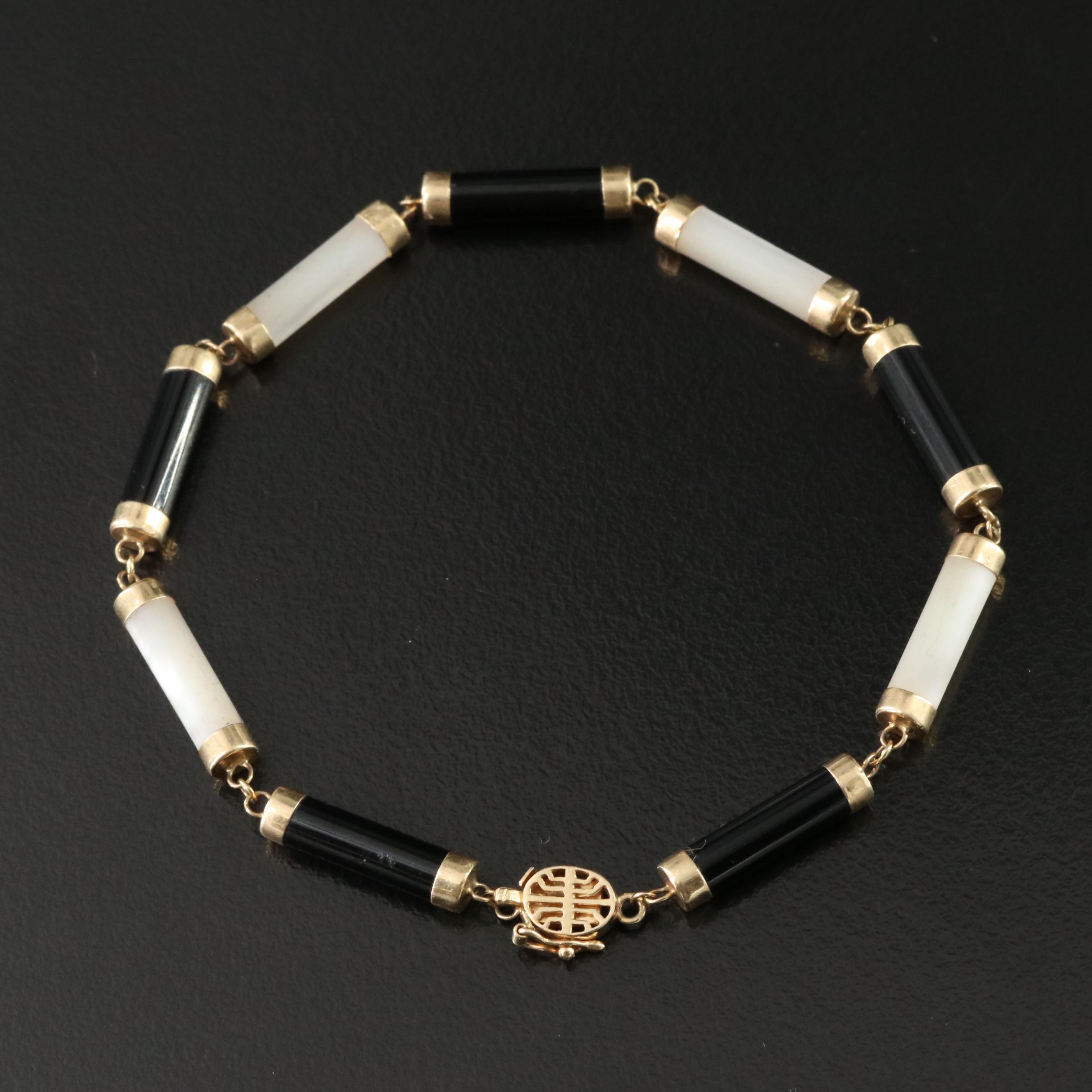 14K Mother of Pearl and Black Onyx Bracelet with Chinese "Longevity" Clasp