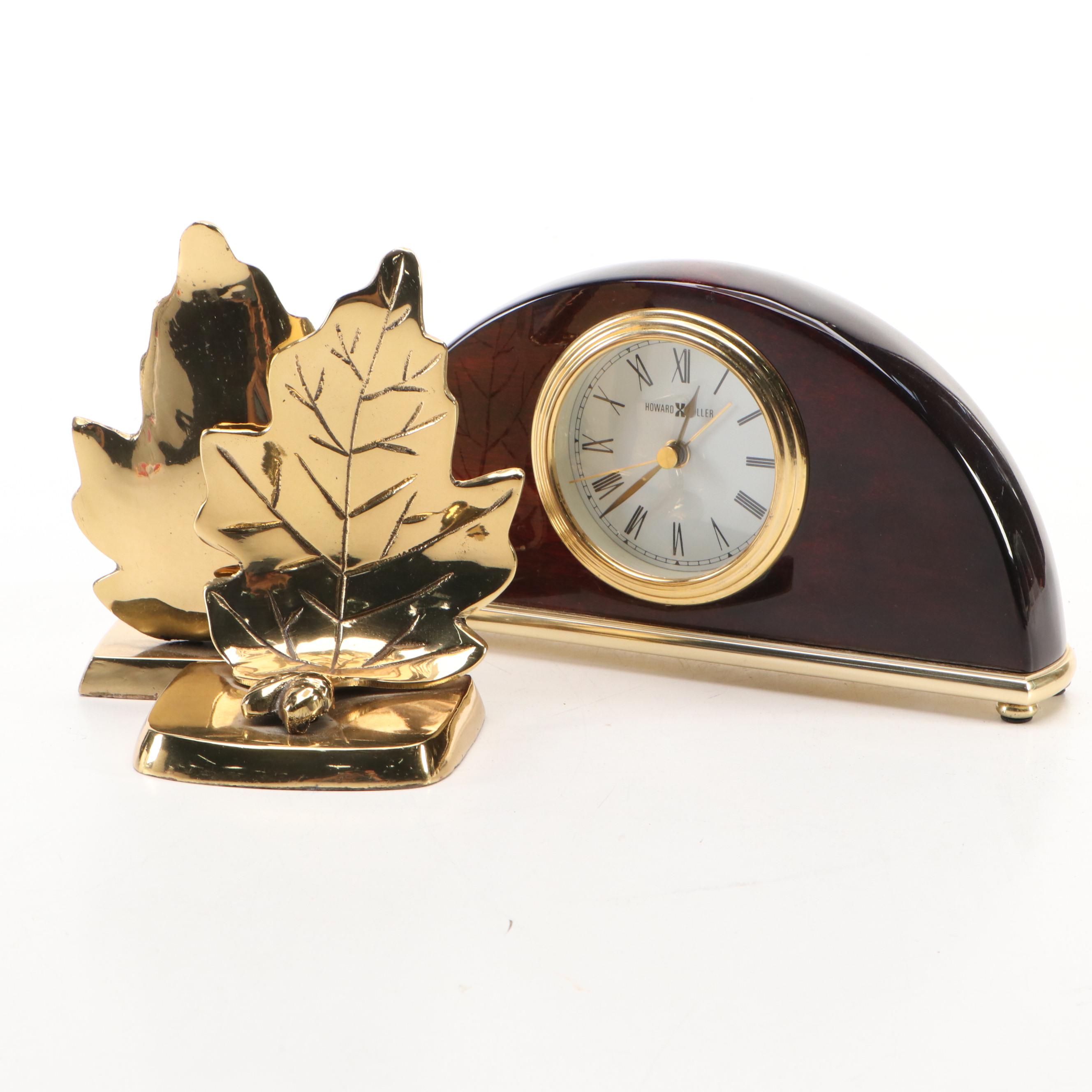 Howard Miller Wood Crescent Mantel Clock and Brass Maple Leaf Bookends