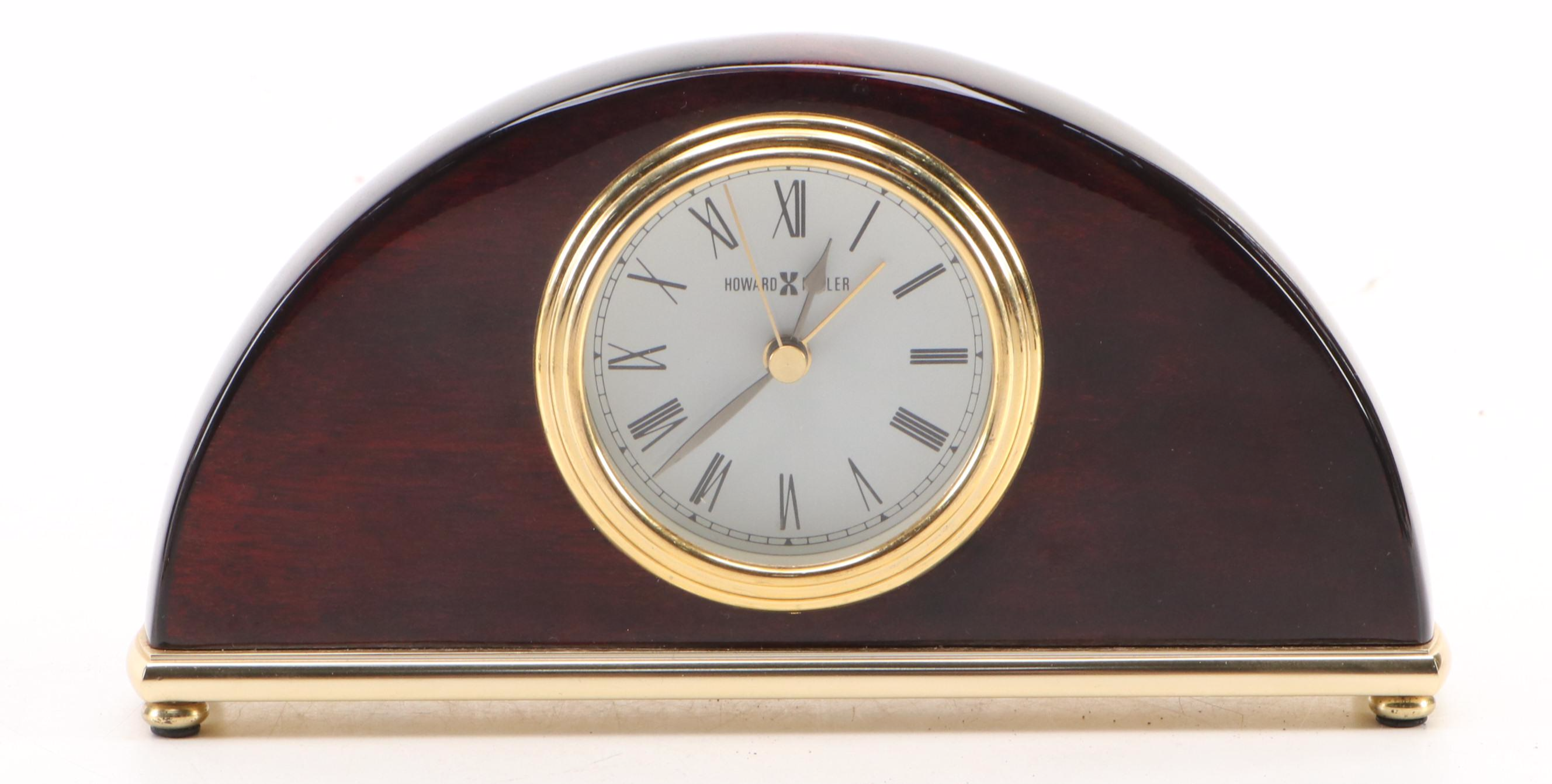 Howard Miller Wood Crescent Mantel Clock and Brass Maple Leaf Bookends