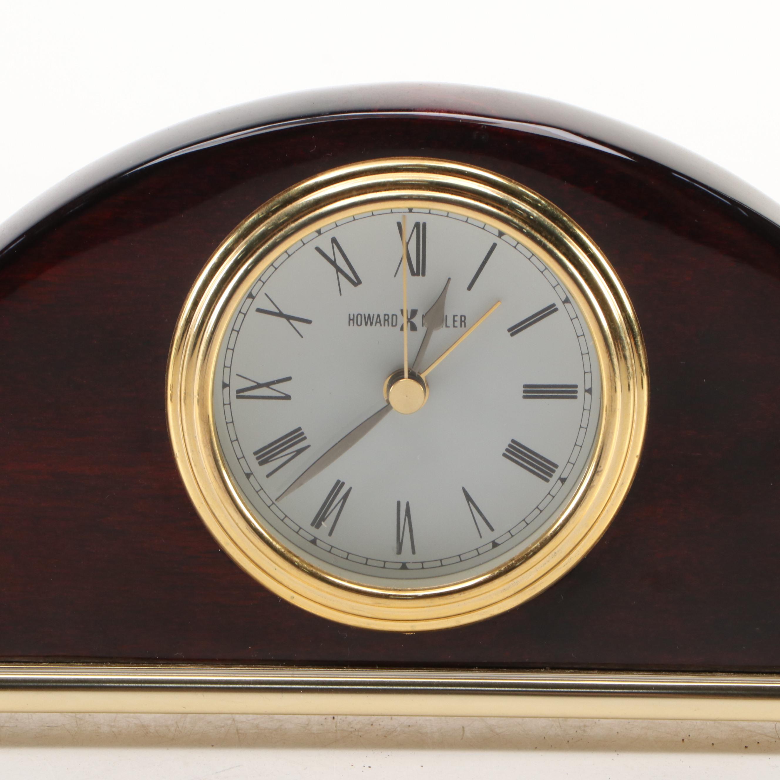 Howard Miller Wood Crescent Mantel Clock and Brass Maple Leaf Bookends