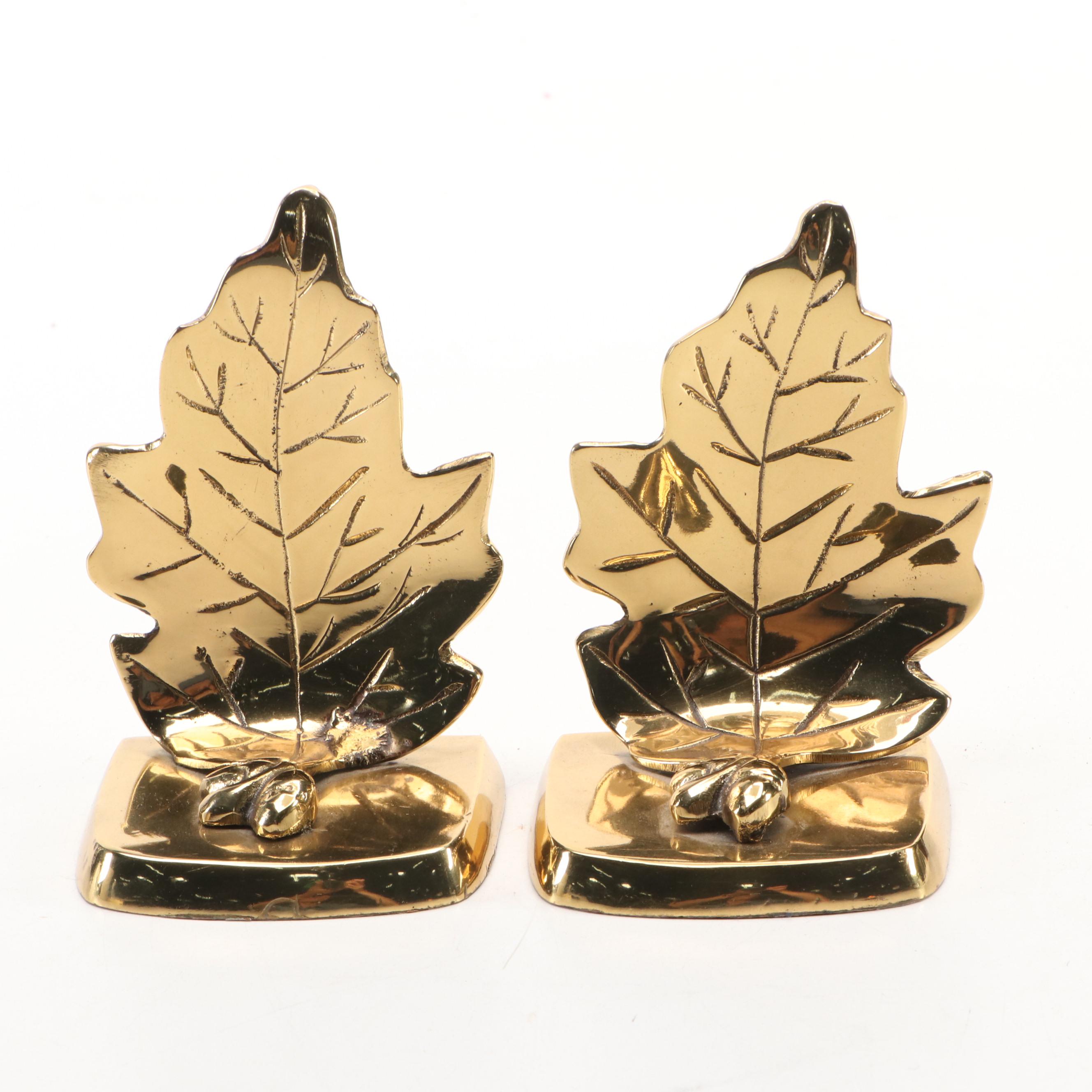 Howard Miller Wood Crescent Mantel Clock and Brass Maple Leaf Bookends