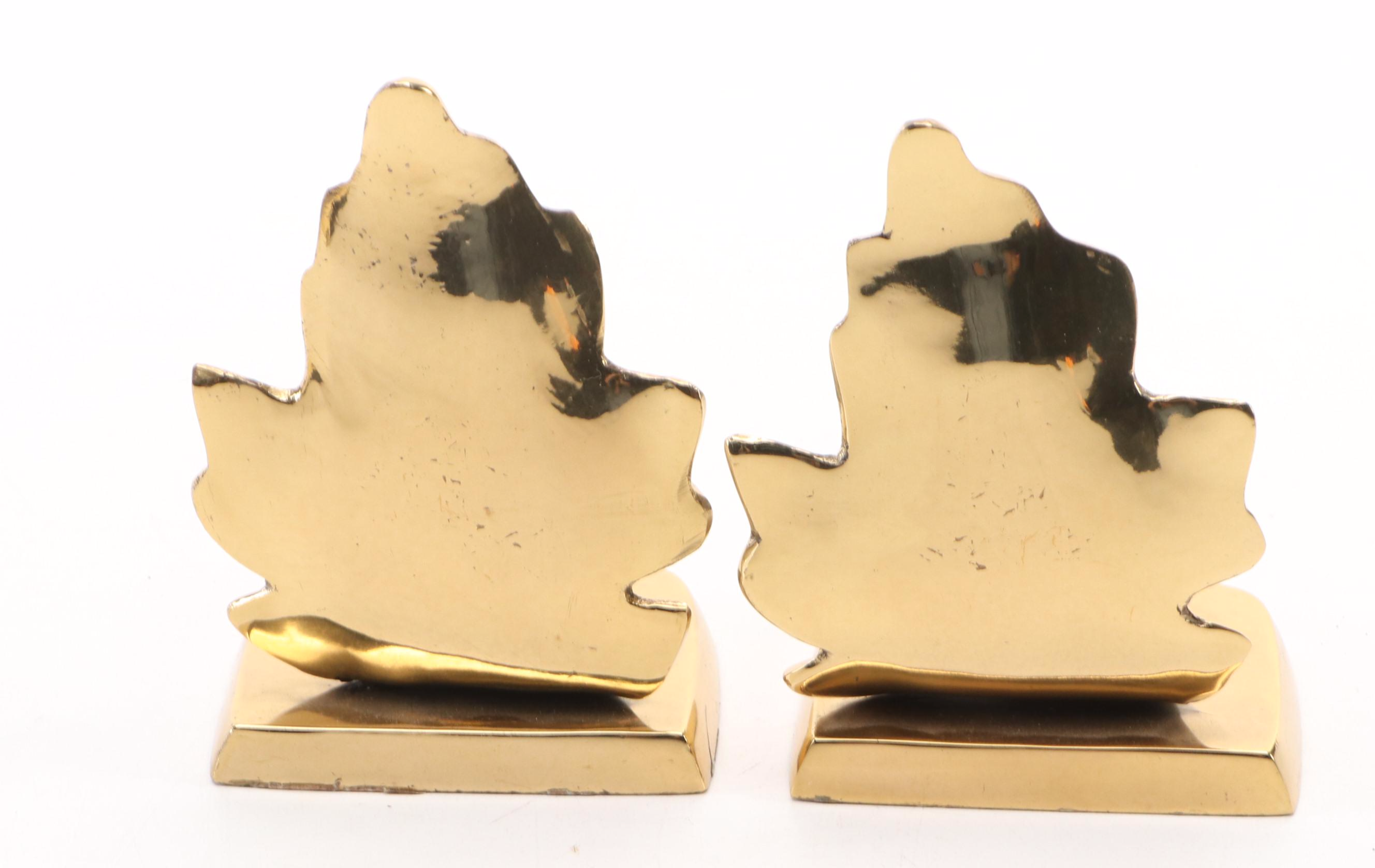 Howard Miller Wood Crescent Mantel Clock and Brass Maple Leaf Bookends