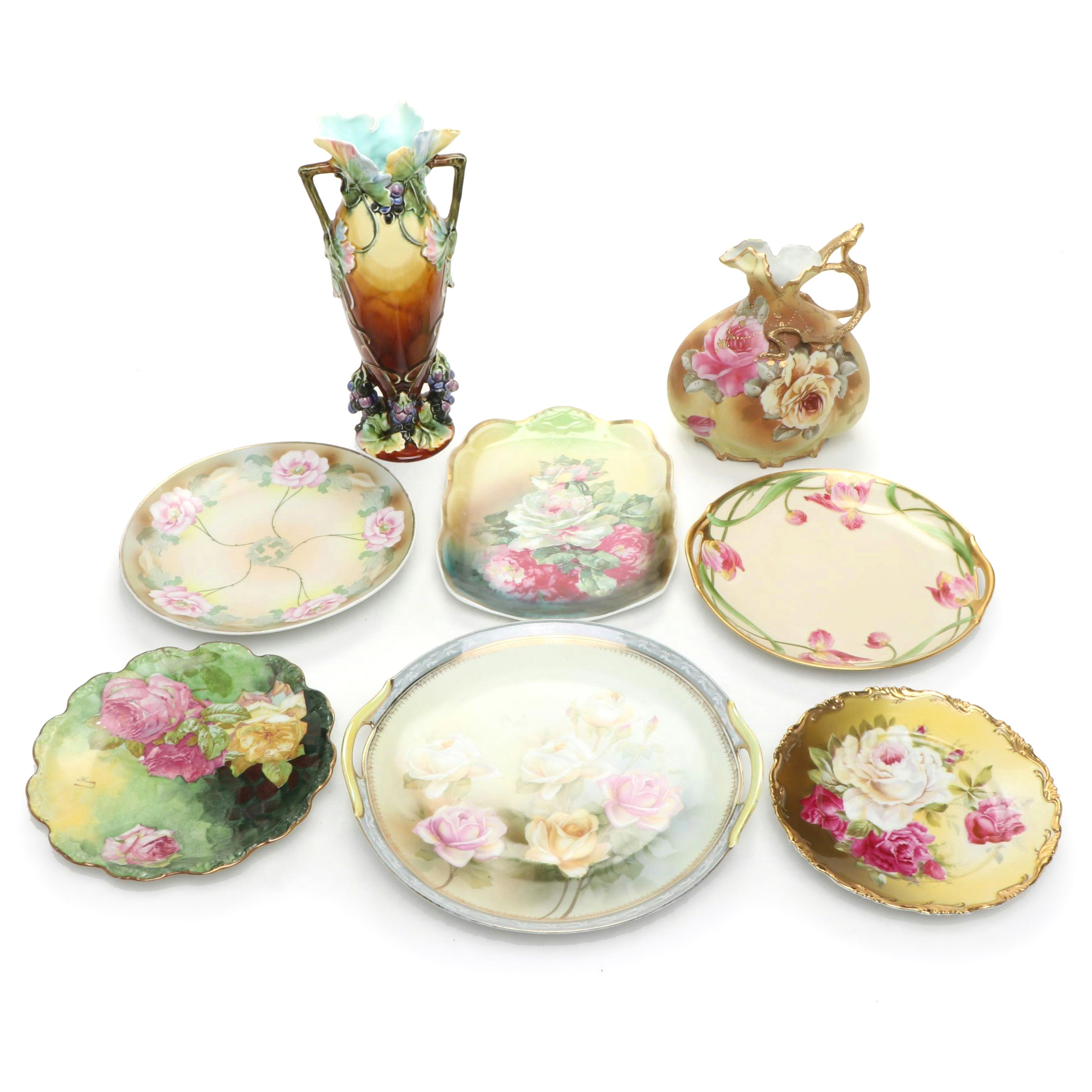 Art Nouveau Majolica Vase with Other Rose Pattern Porcelain Plates and Ewer