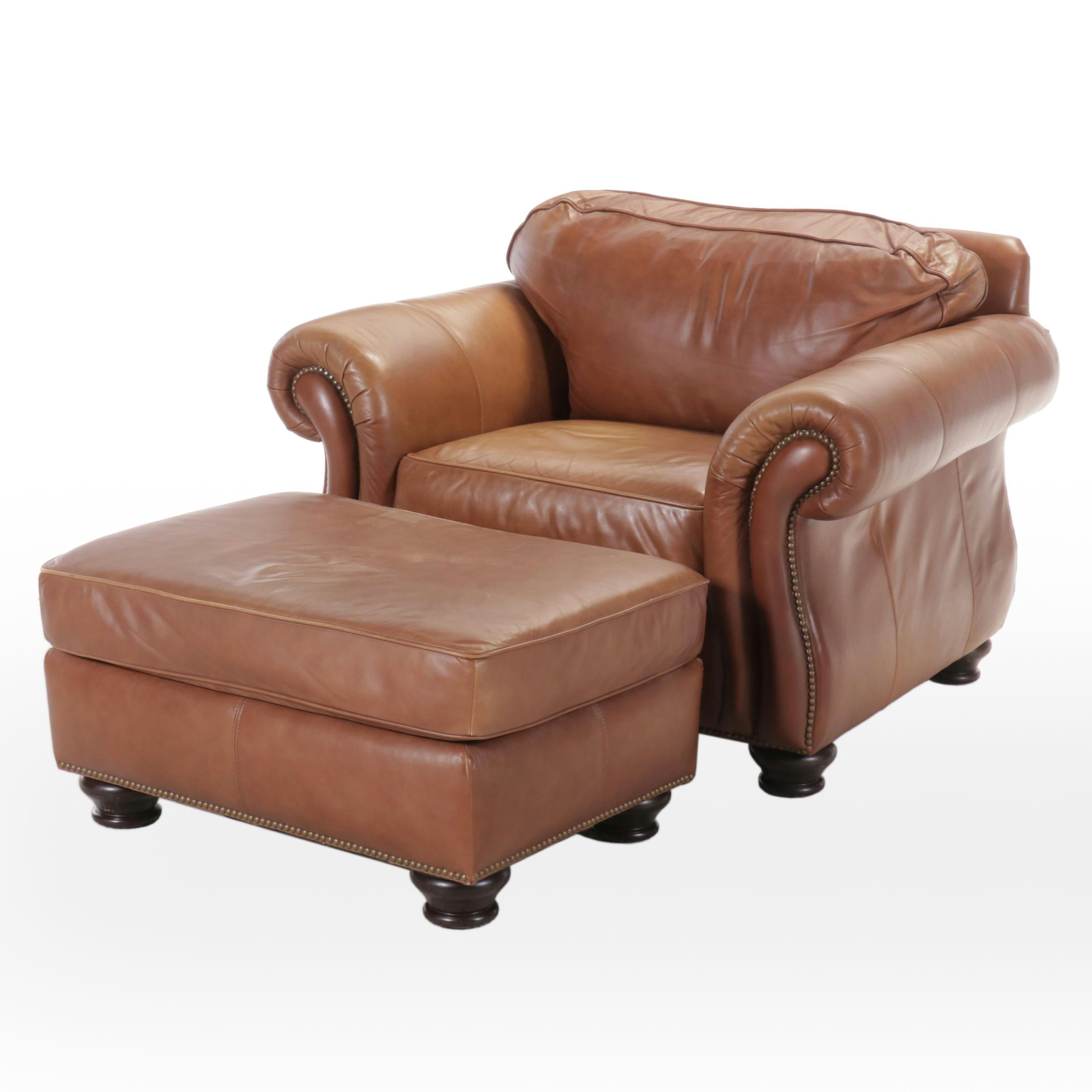 Bernhardt Tan Leather Lounge Chair with Ottoman