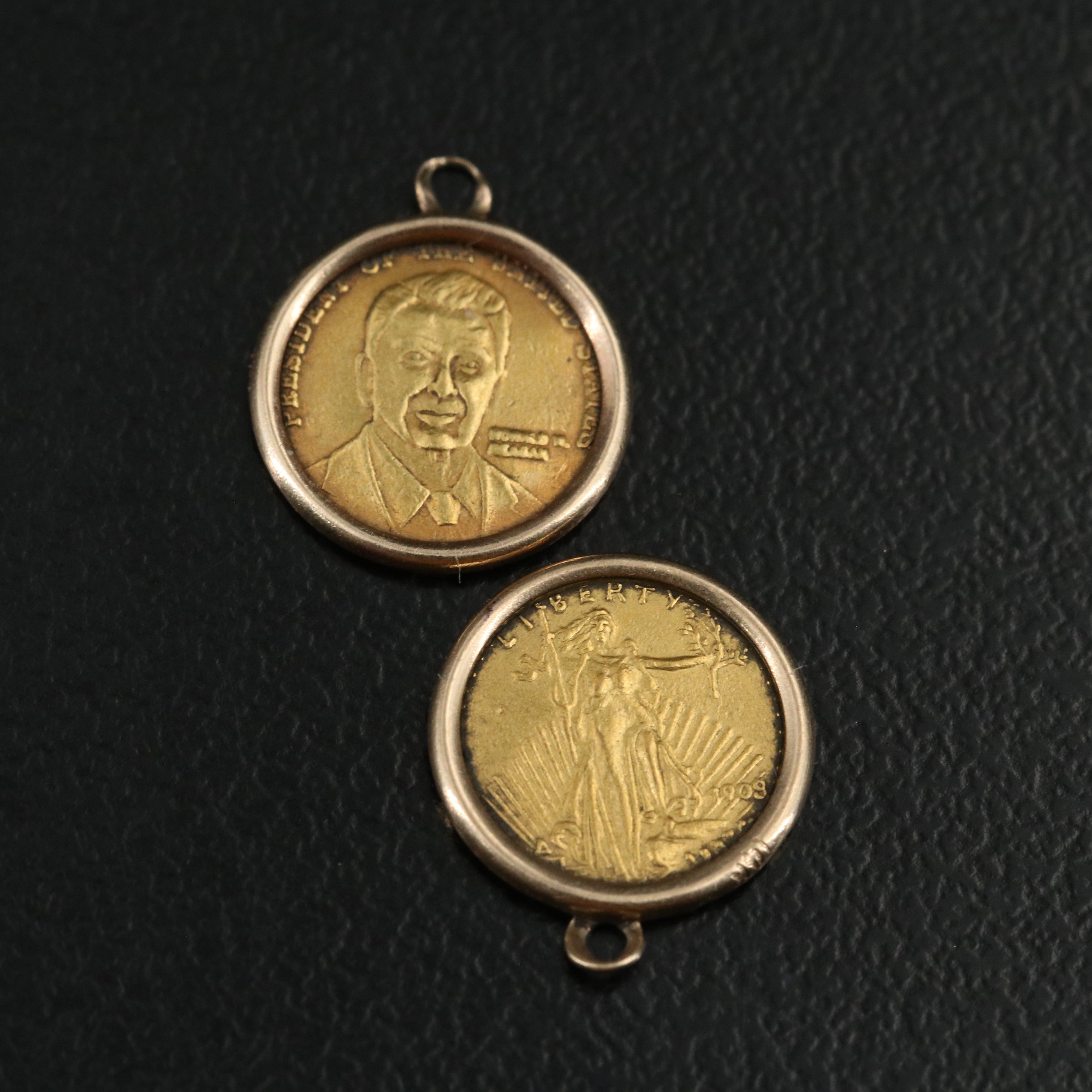 Two Miniature 24K Gold Coin Replicas in Bezels