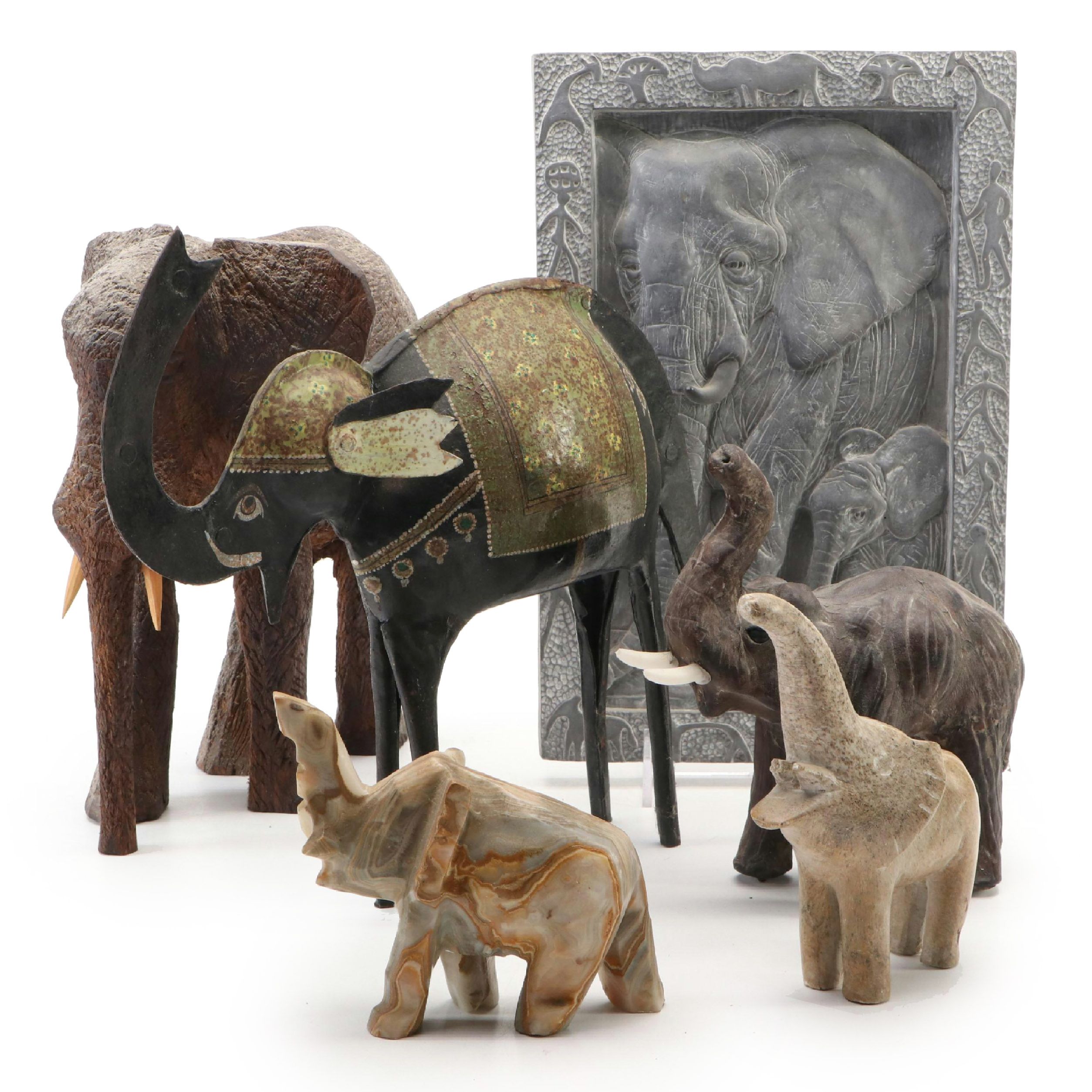 Carved Soapstone, Banded Calcite, Wood and Metal Elephants & Plaque