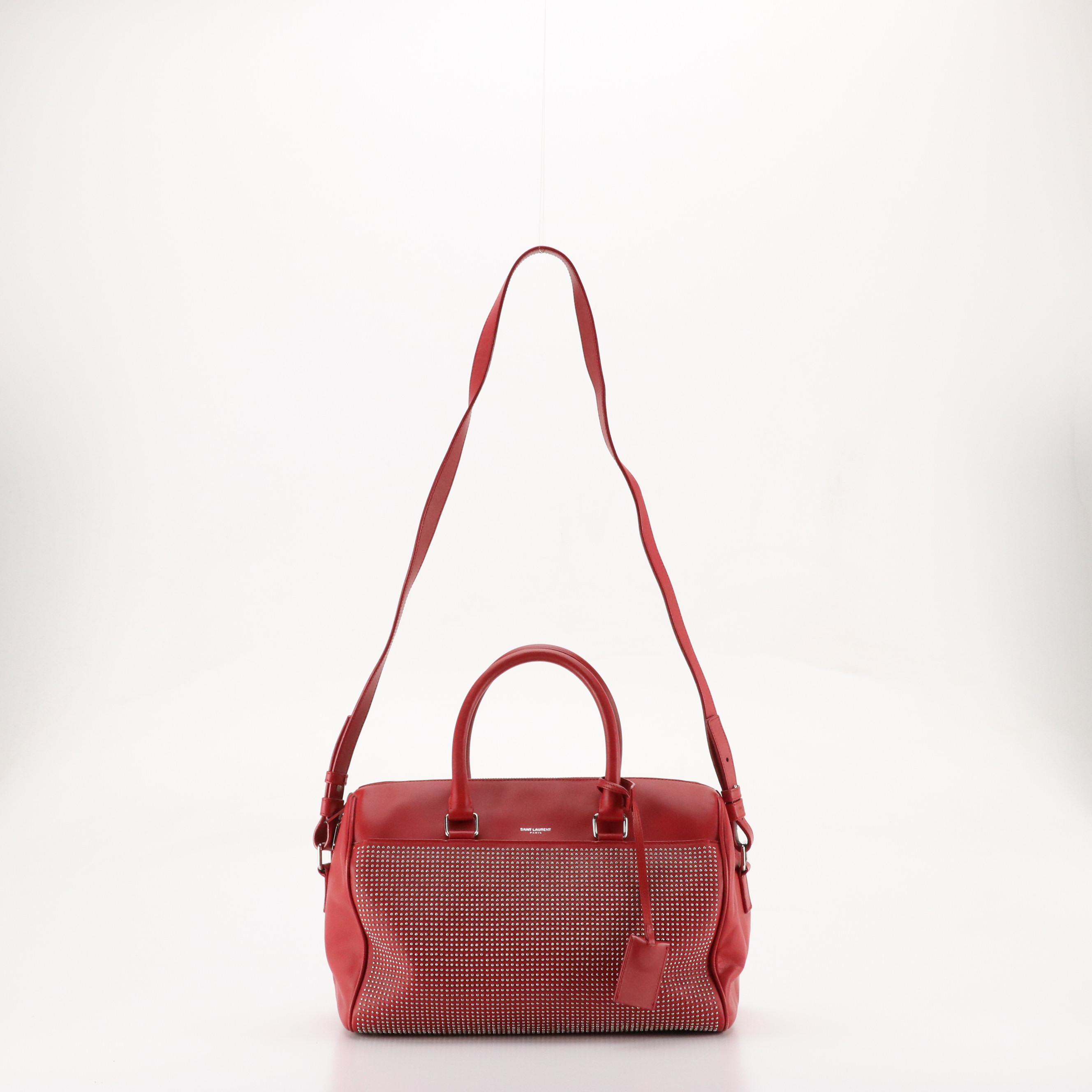 Saint Laurent Classic Two-Way Duffel in Red Micro Studded Calfskin Leather
