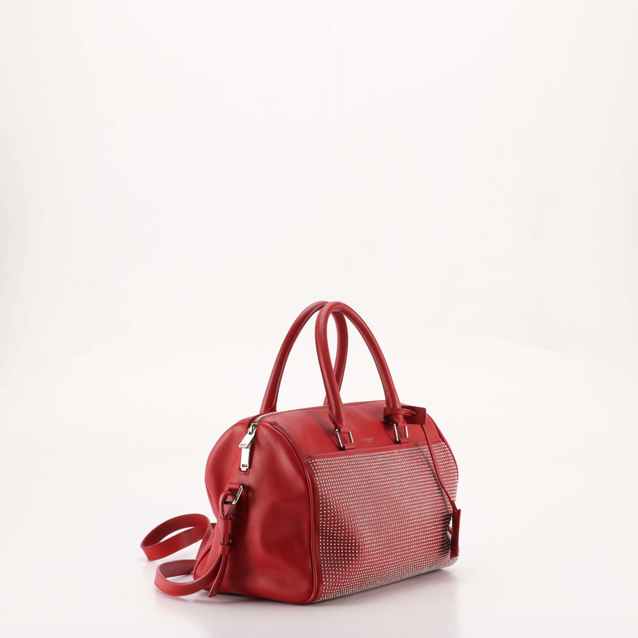 Saint Laurent Classic Two-Way Duffel in Red Micro Studded Calfskin Leather