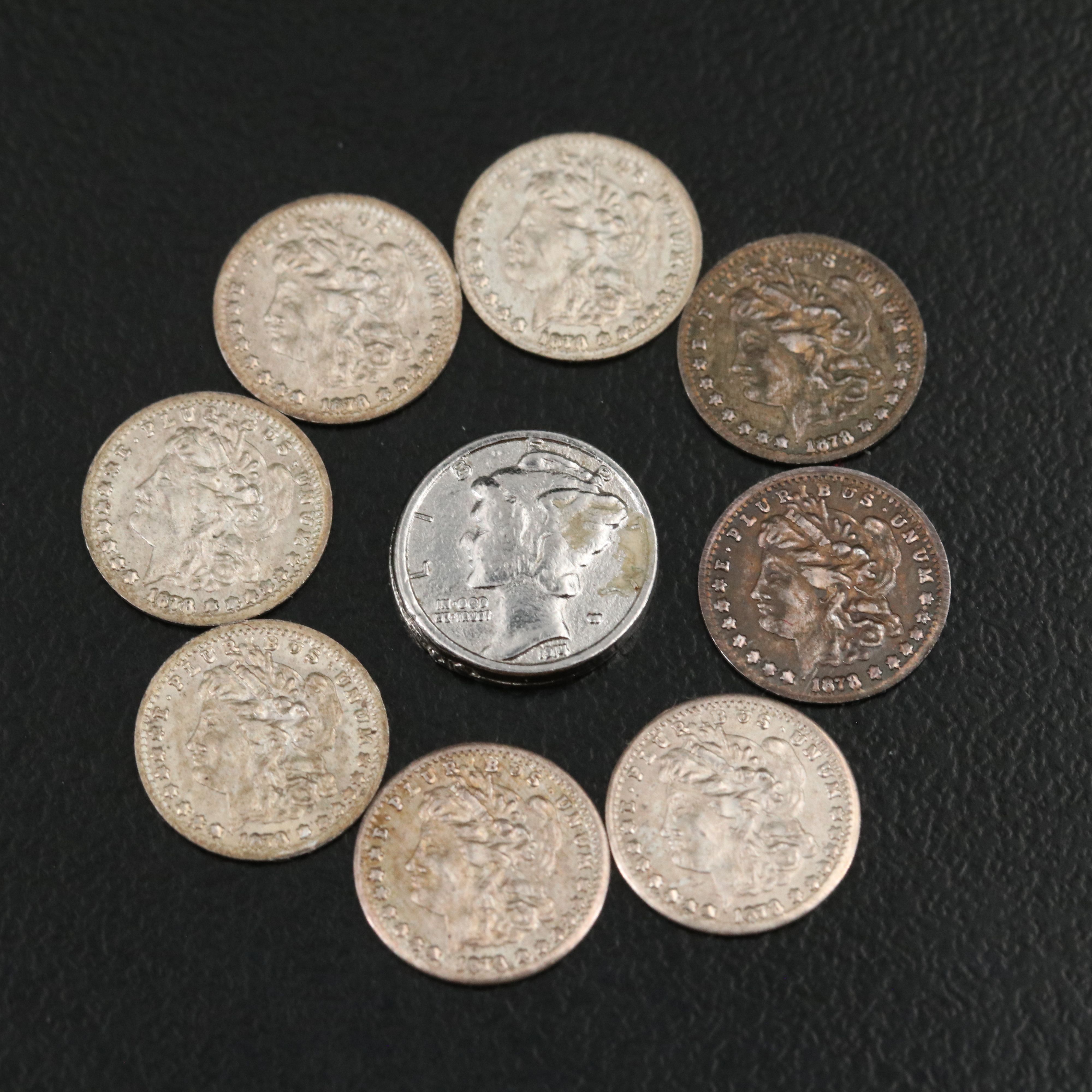Nine Miniature Fine Silver Morgan Dollar Replicas and More