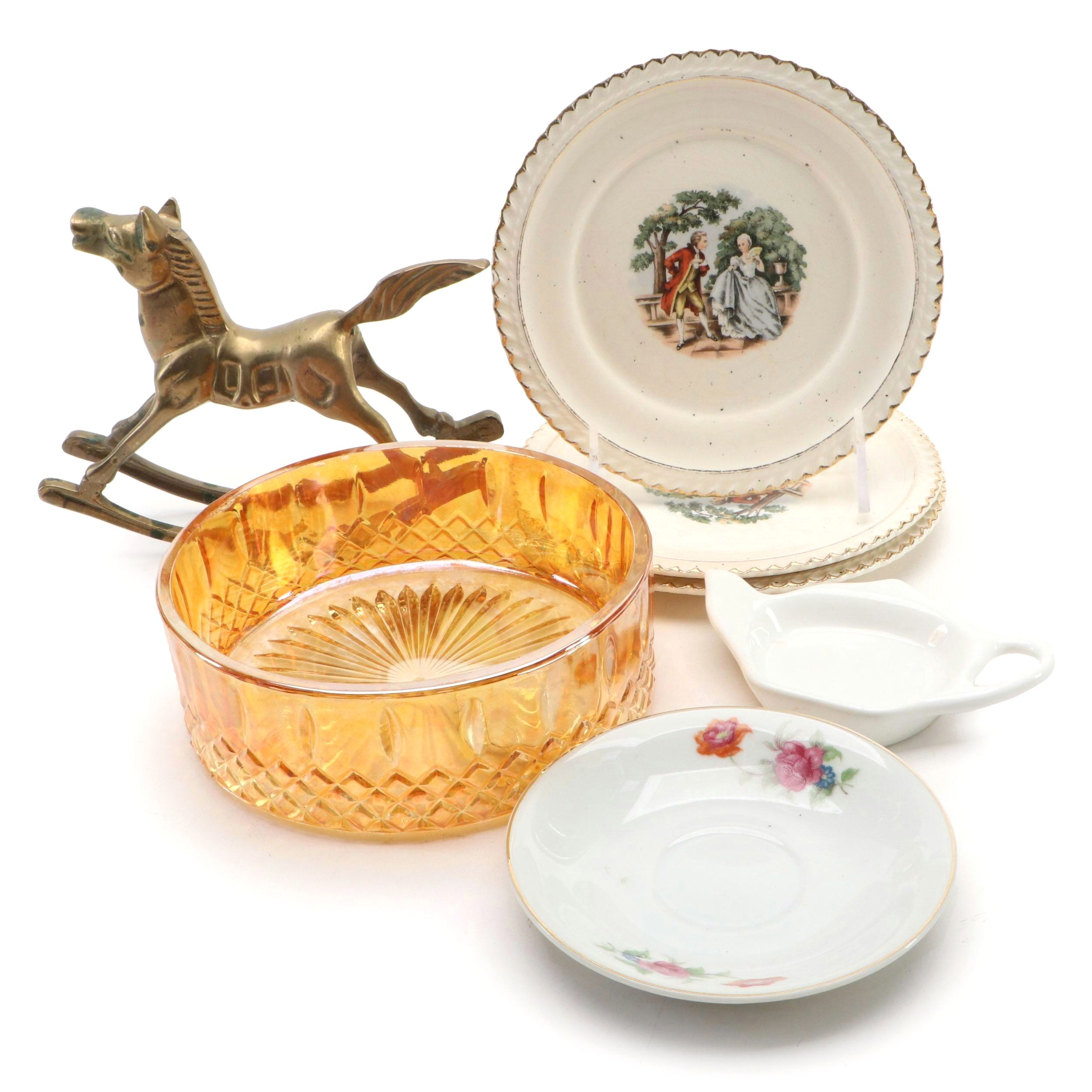 Indiana Glass Amber Candy Dish with Brass Figurine and Other Décor