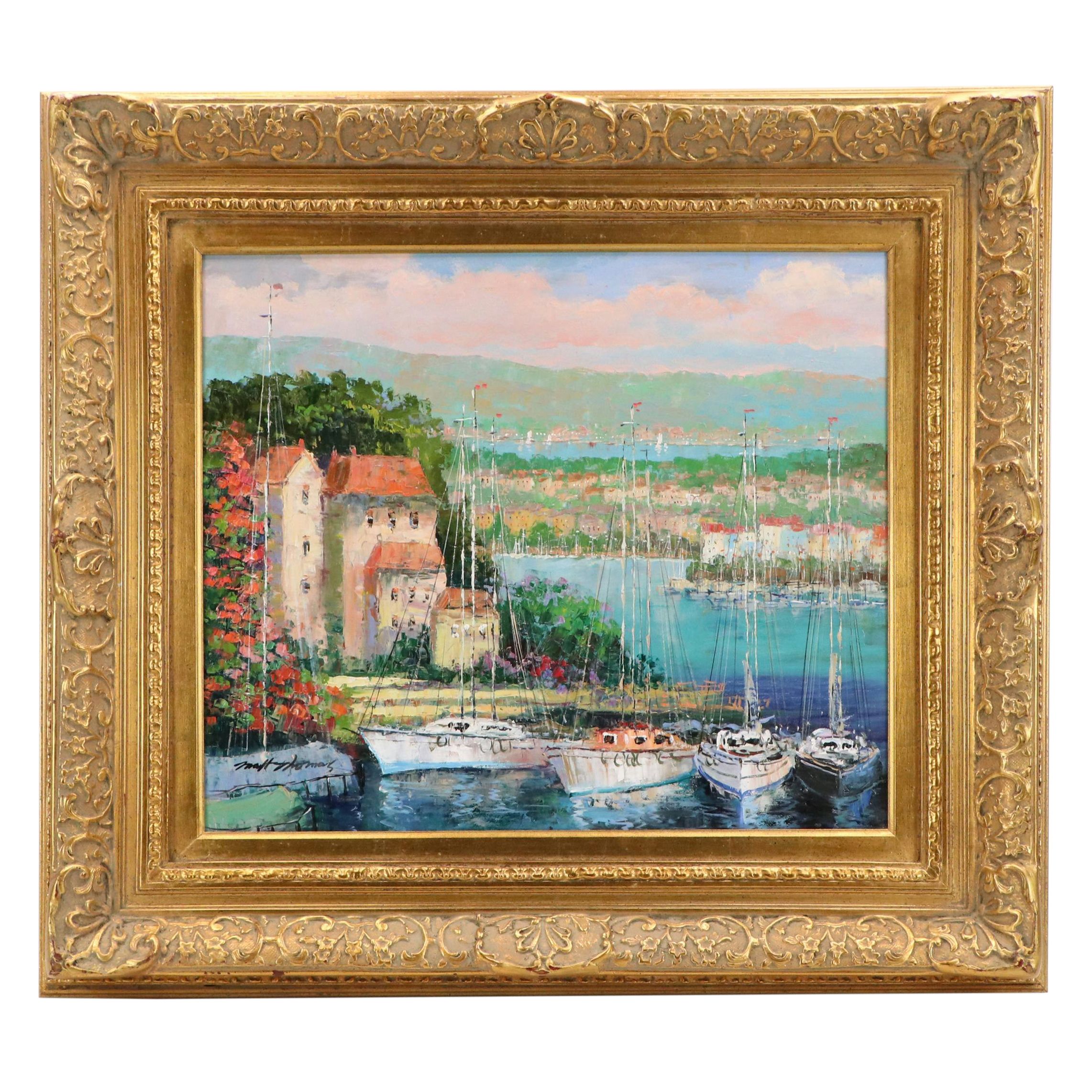 Matt Thomas Landscape Impasto Oil Painting of Mediterranean Style Marina