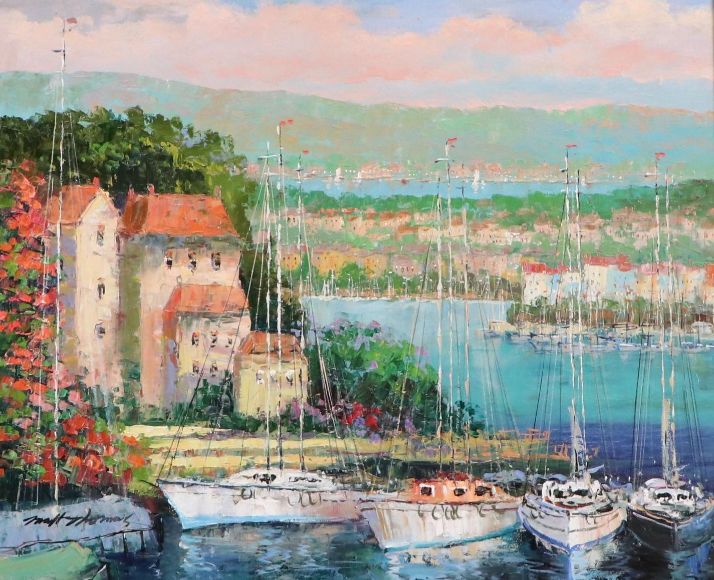 Matt Thomas Landscape Impasto Oil Painting of Mediterranean Style Marina