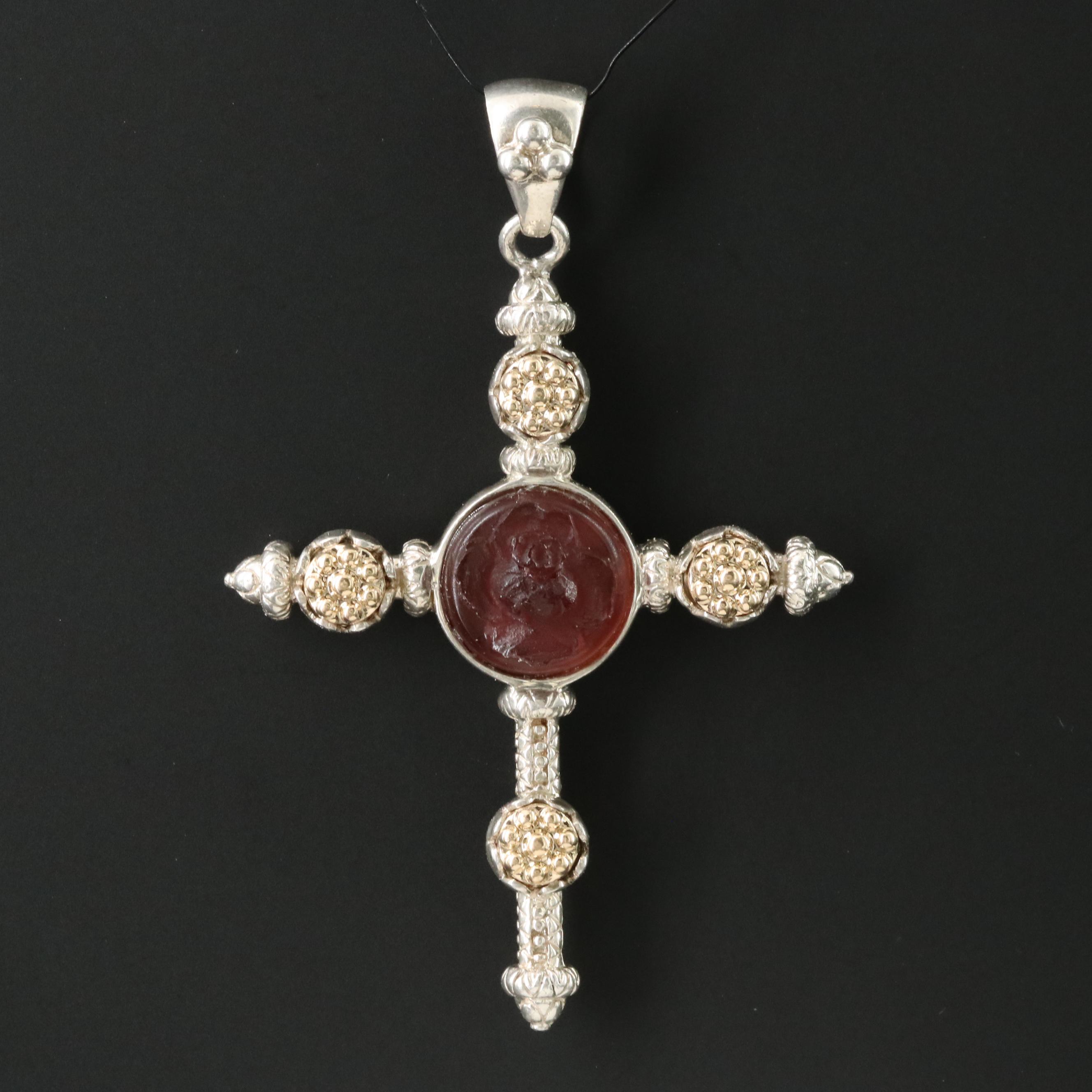 Tagliamonte Sterling Venetian Glass Rose Cameo Cross Pendant with 14K Accent