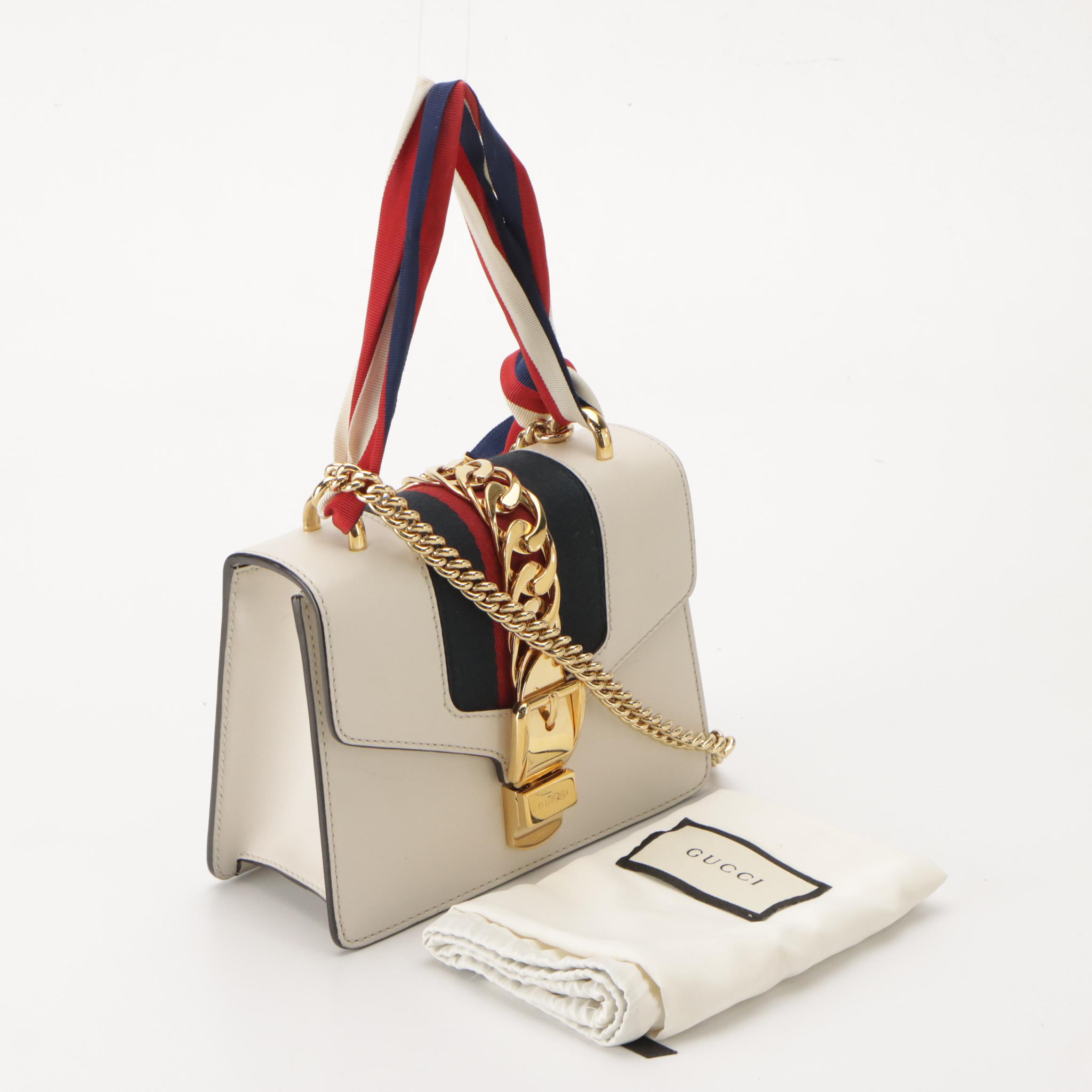 Gucci Mini Sylvie Two-Way Bag in Web Striped White Calfskin Leather