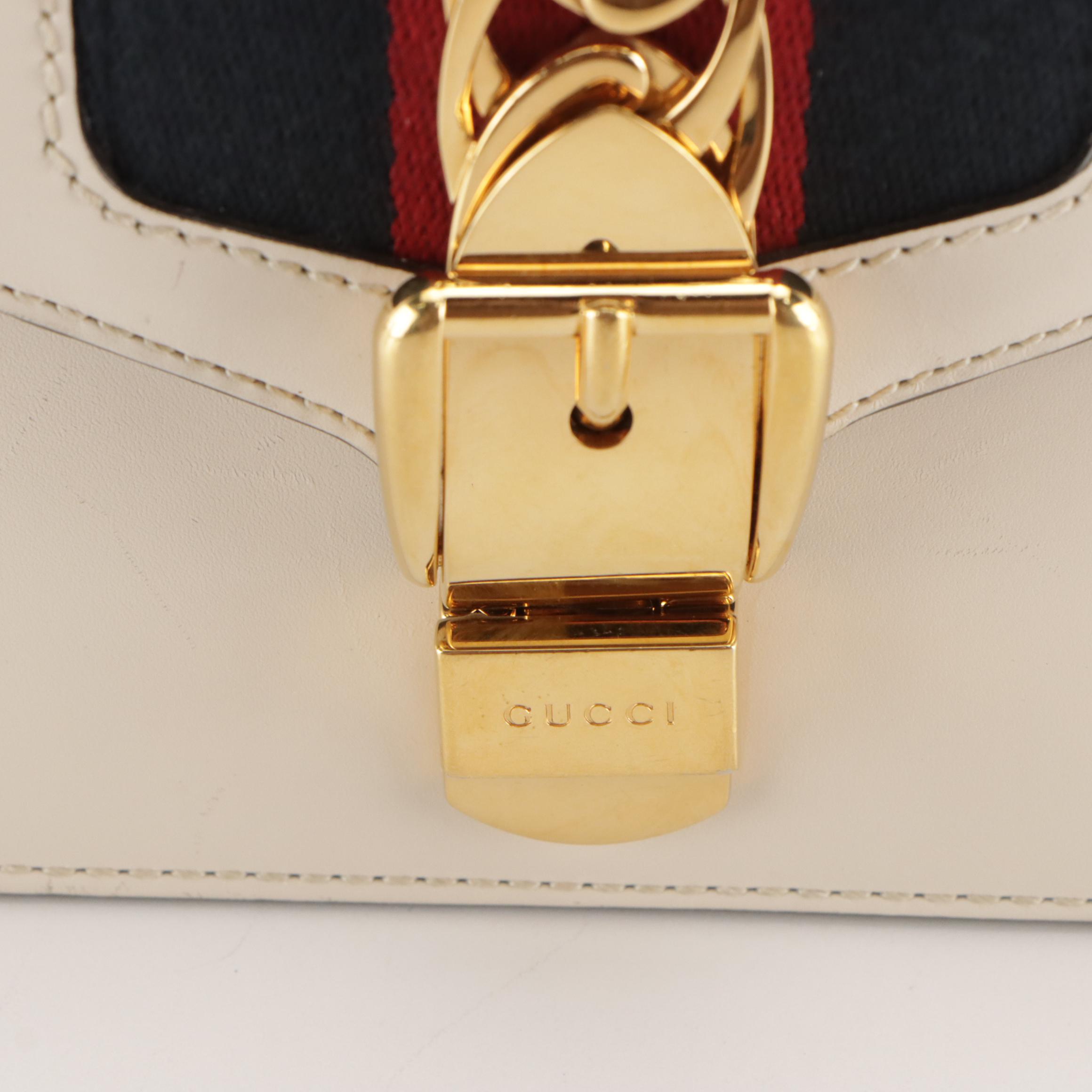 Gucci Mini Sylvie Two-Way Bag in Web Striped White Calfskin Leather