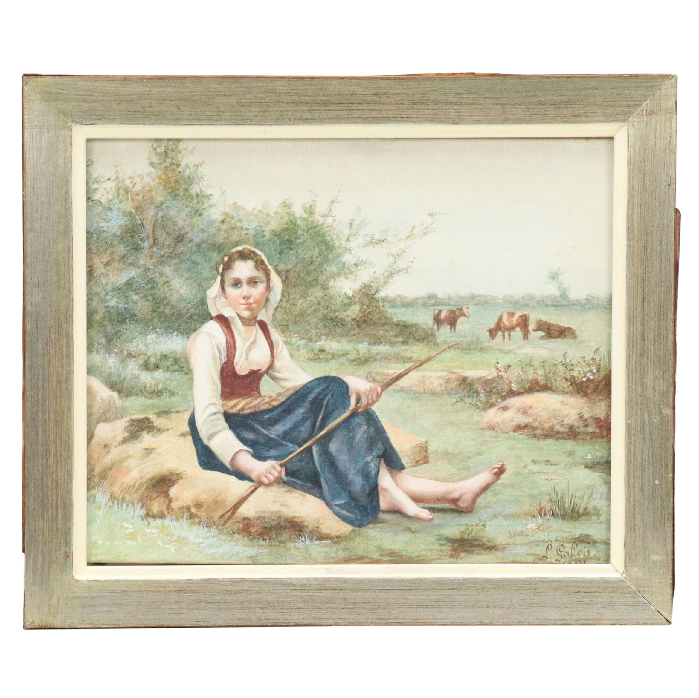 L. Gallois Watercolor on Canvas of Shepherdess, 1891