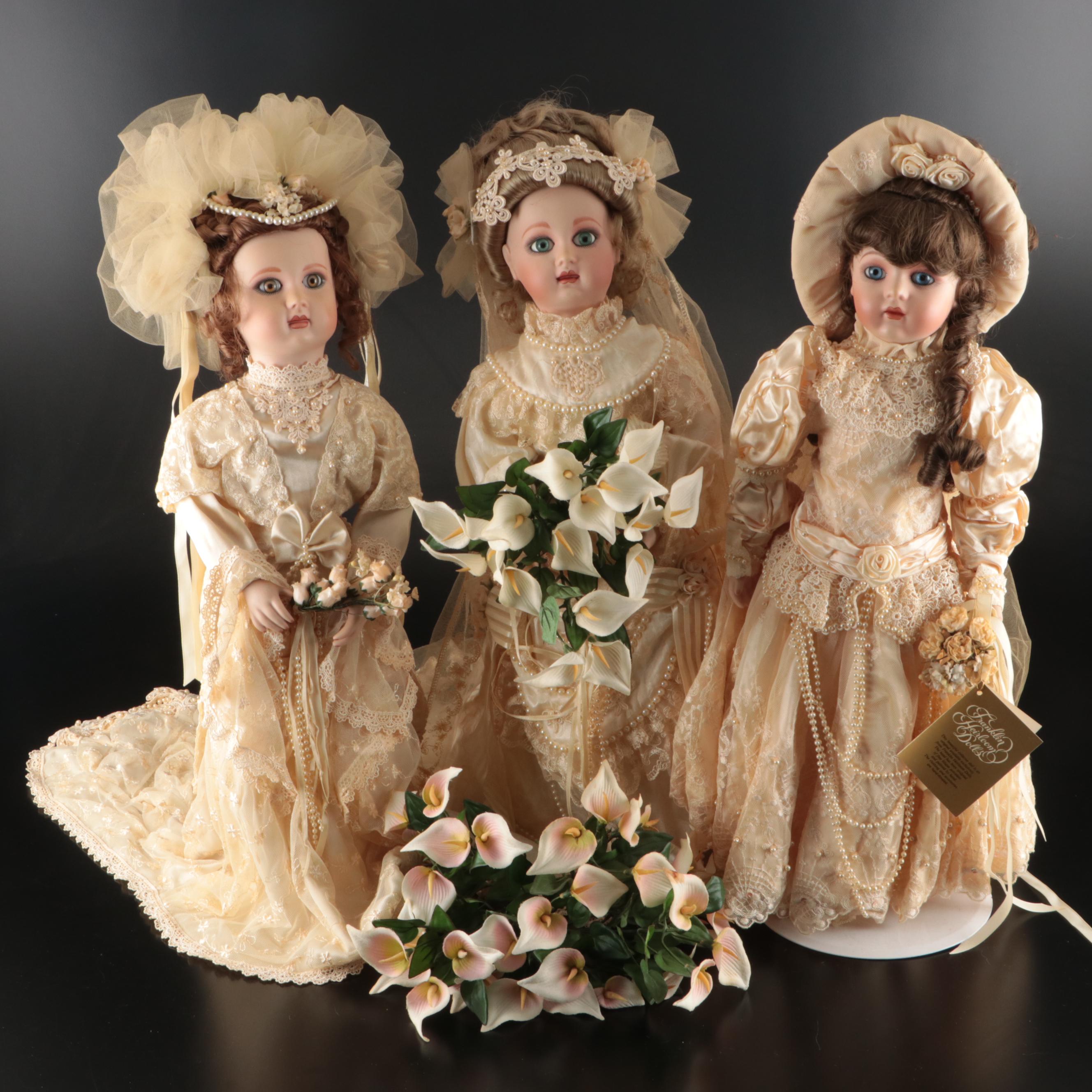 Franklin Heirloom Victorian Bride Bisque Porcelain Dolls, Late 20th C.
