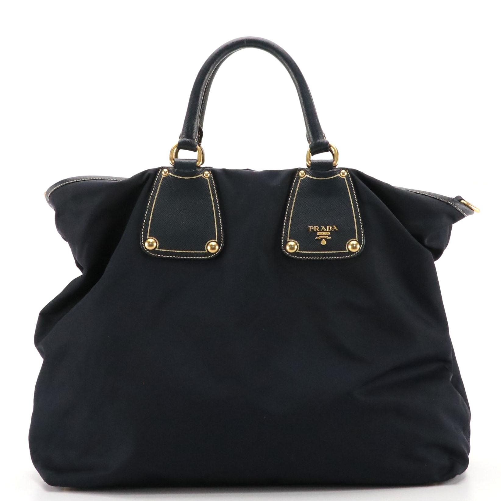 Prada Navy Tessuto Nylon and Saffiano Leather Two-Way Tote