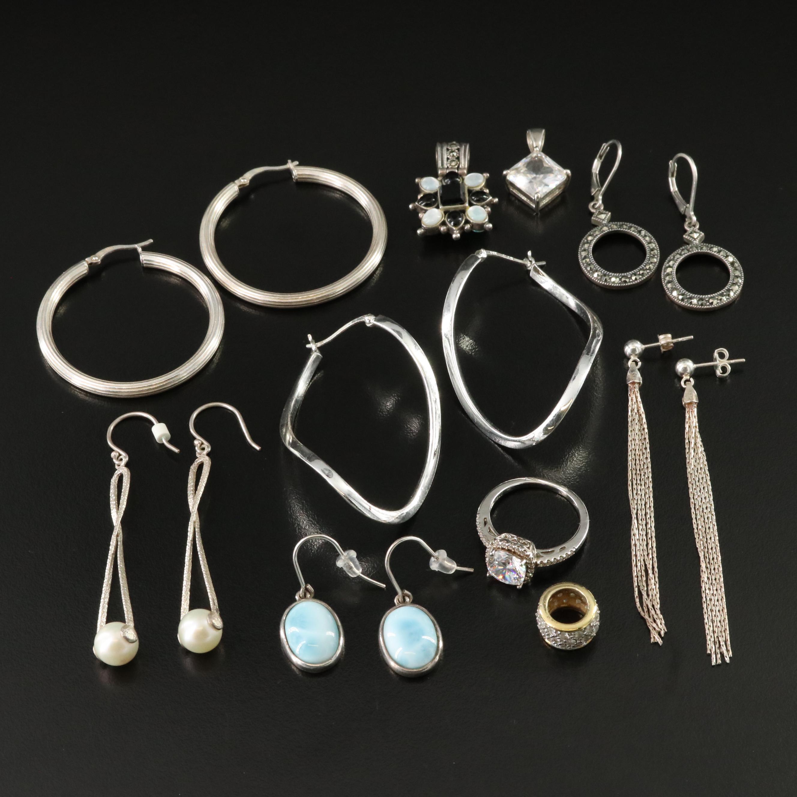 Sterling Jewelry Including Larimar, Pearl and Marcasite