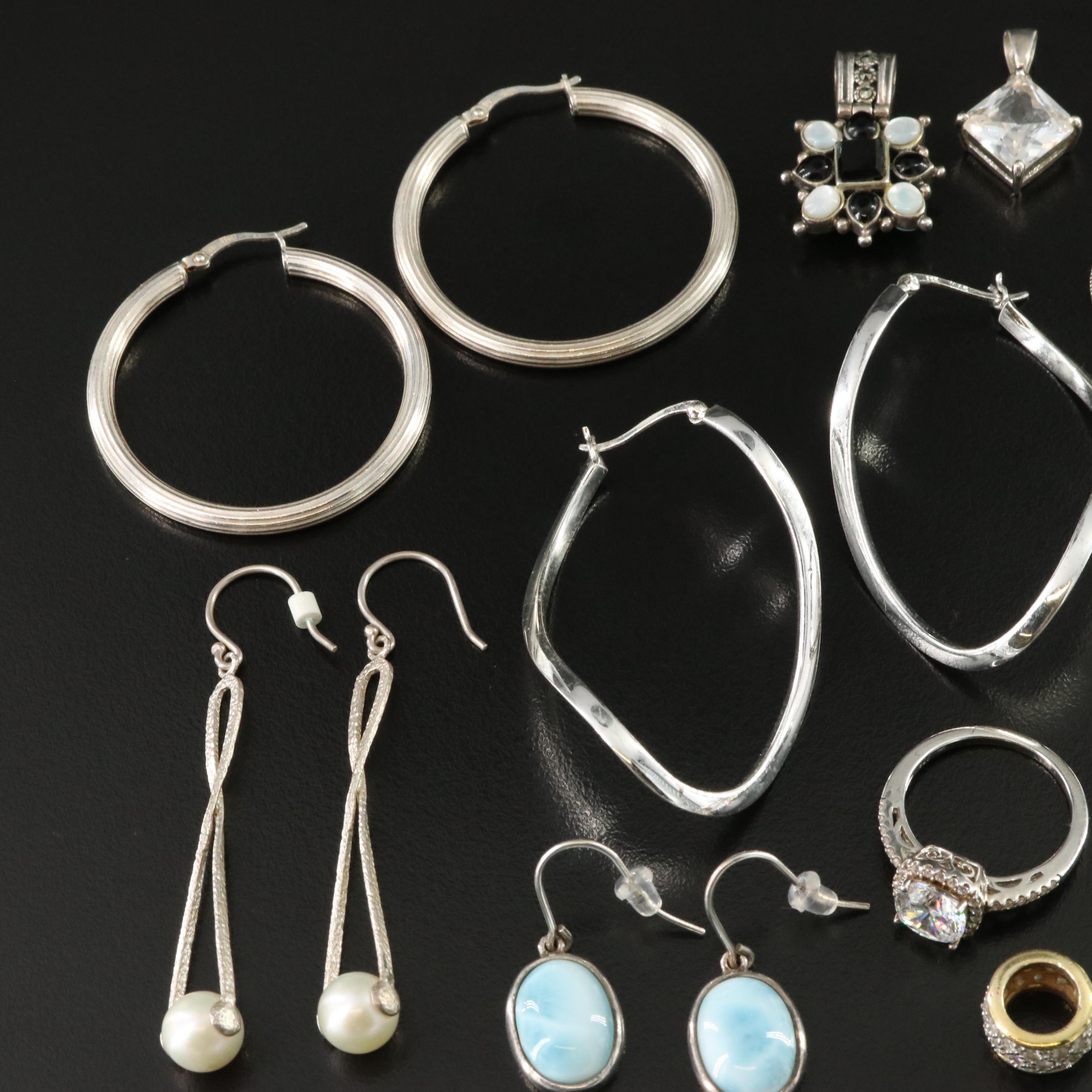 Sterling Jewelry Including Larimar, Pearl and Marcasite