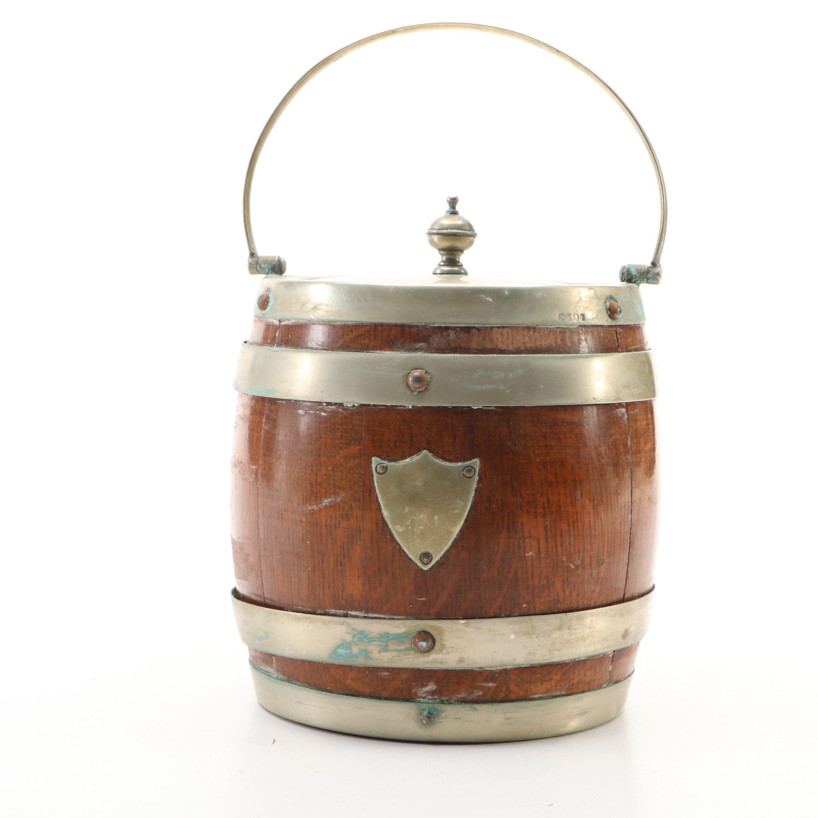 English Silver Plate Banded Oak Biscuit Barrels, Late 19th/ Early 20th Century